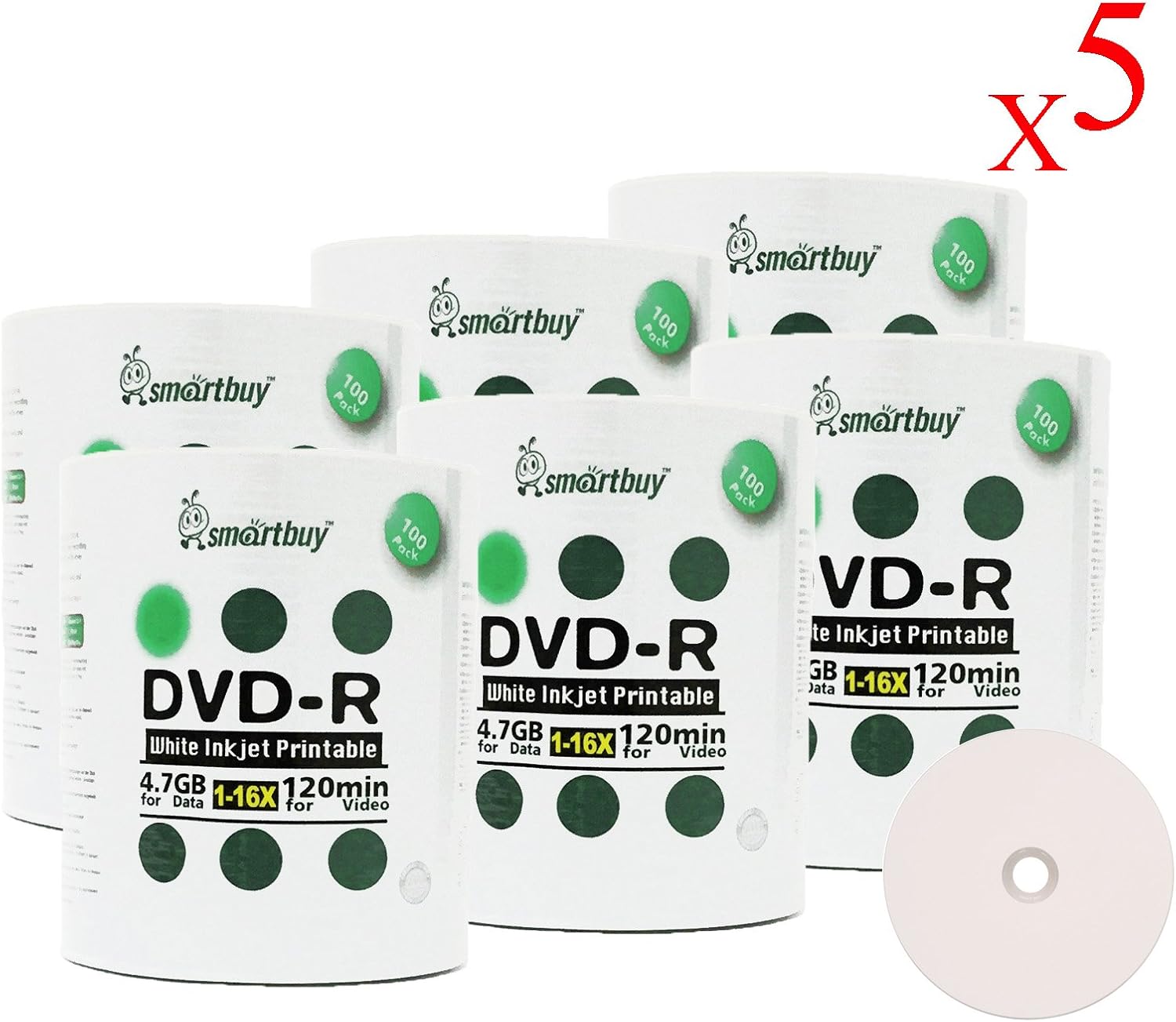 Smart Buy 3000 Pack DVD-R 4.7gb 16x White Printable Inkjet Blank Media Record Disc, 3000 Disc 3000pk