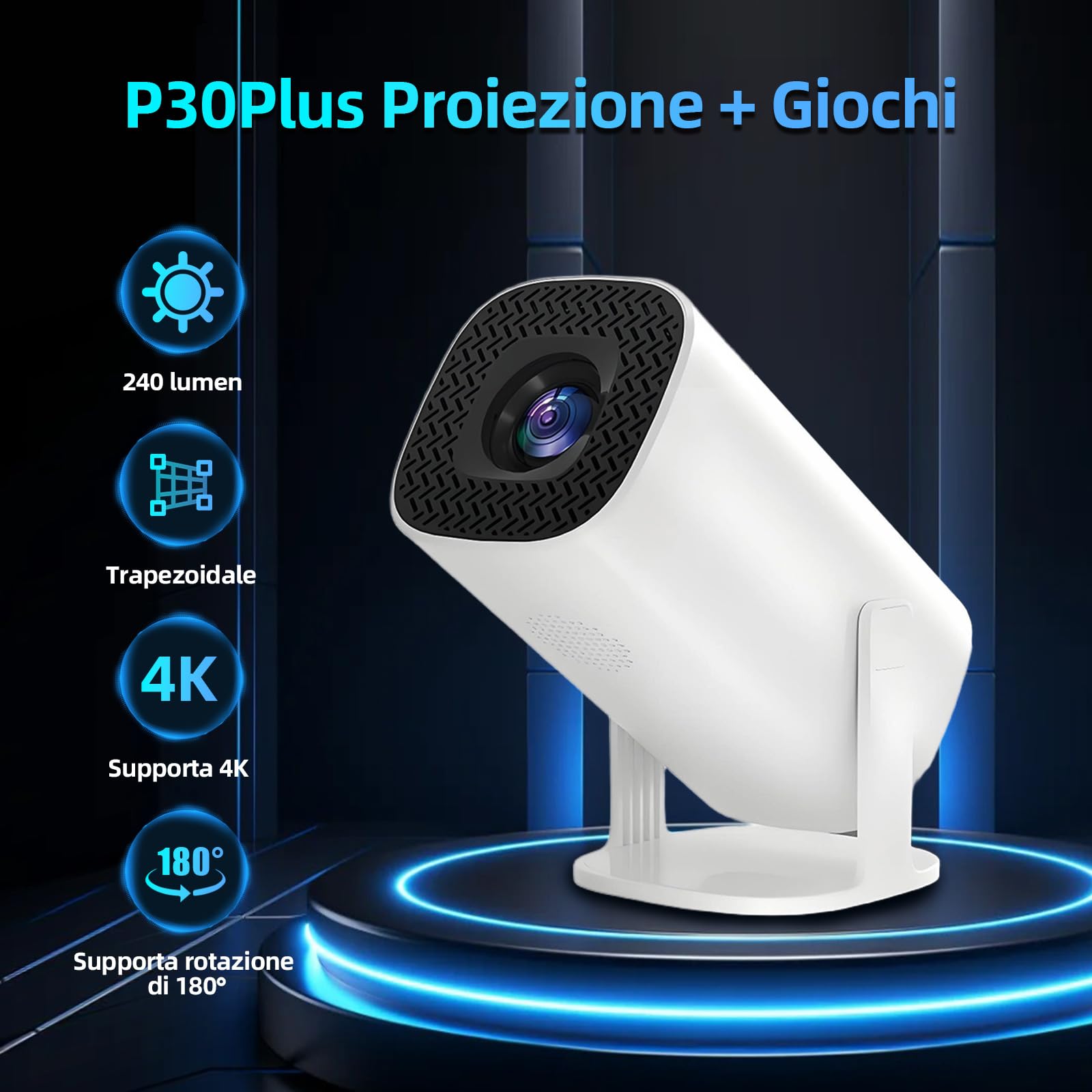 Console di gioco P30 + 4k, proiettore di videogiochi con 2 Controller Wireless, integrato con 14 emulatori 36000+ Games,White