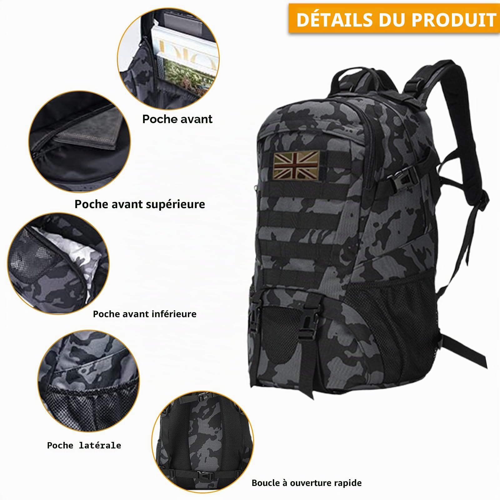VIHARYEM 30L Military Tactical Backpacks Molle Army Assault Pack 3 Day Bug Out Bag Laptop Bag for Hiking Treeking Black Hunting Rucksack with 2 Flag Patches and Bottle Holder