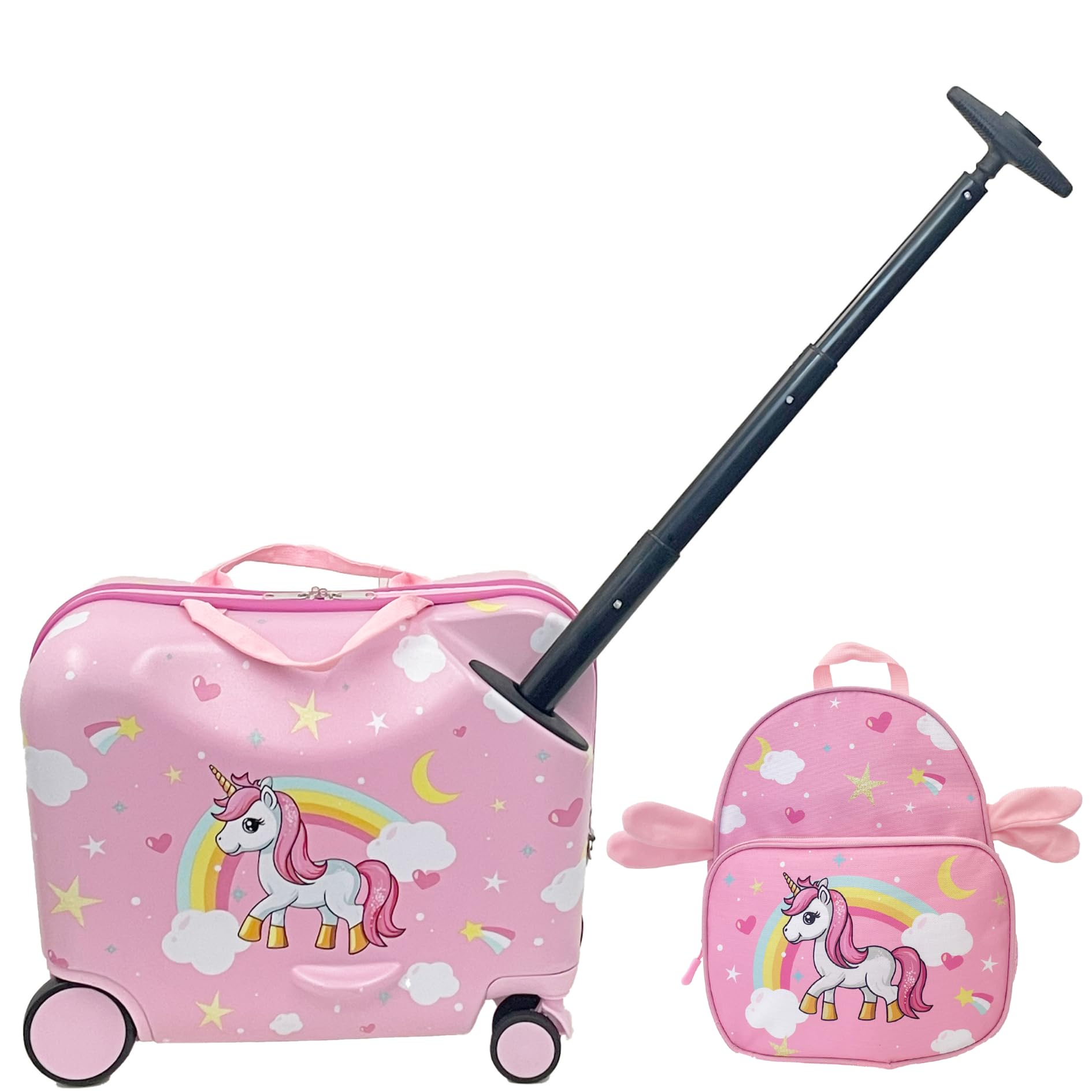 Valigia Cavalcabile per Bambini 2 in 1 con Zainetto Bagaglio a Mano Rigido 47x26x36 cm Trolley Ruote Spinner 360 Asta Telescopica Cinghia Traino Fantasia Unicorno