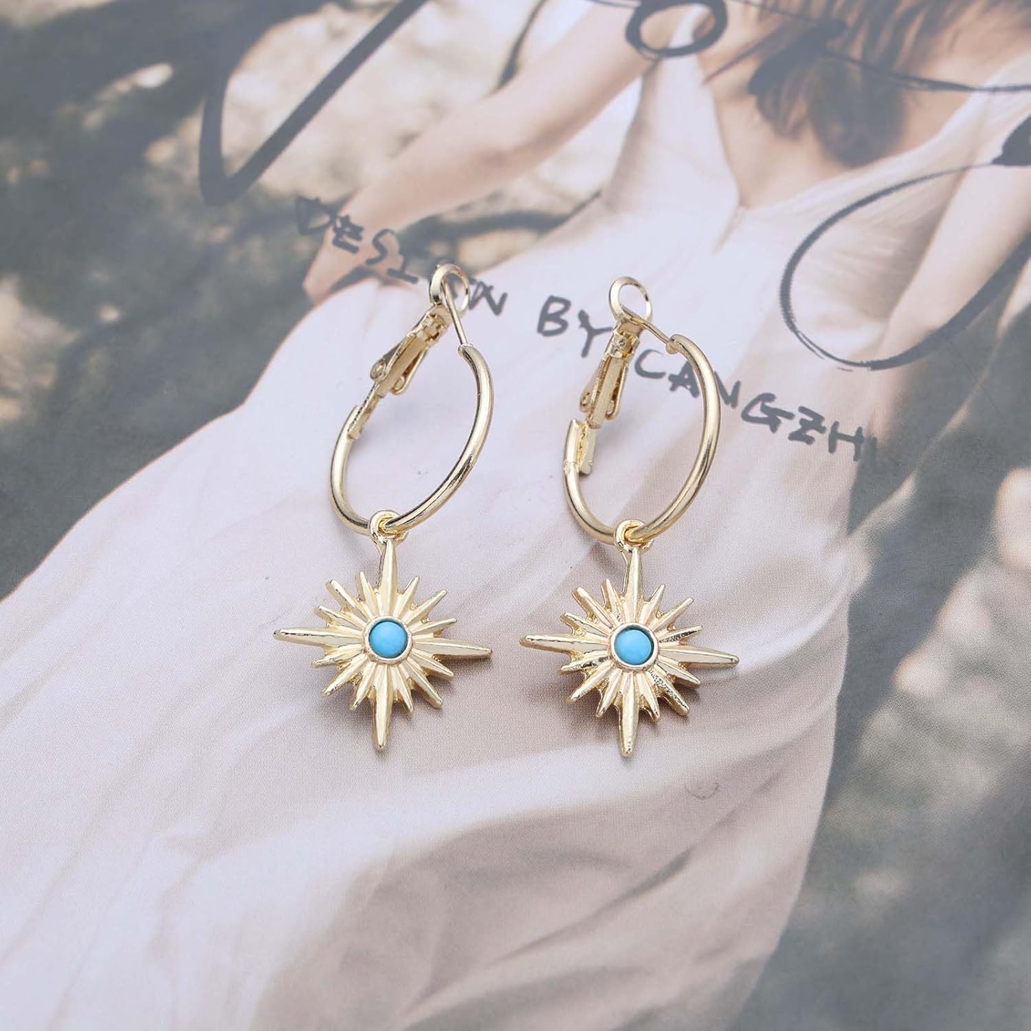 Boho Gold Sunburst Dangle Drop Earrings Turquoise Sun Earring Sun Huggie Hoop Earrings Vintage Metal Sunshine Shaped Earring Jewelry for Women - Image 3
