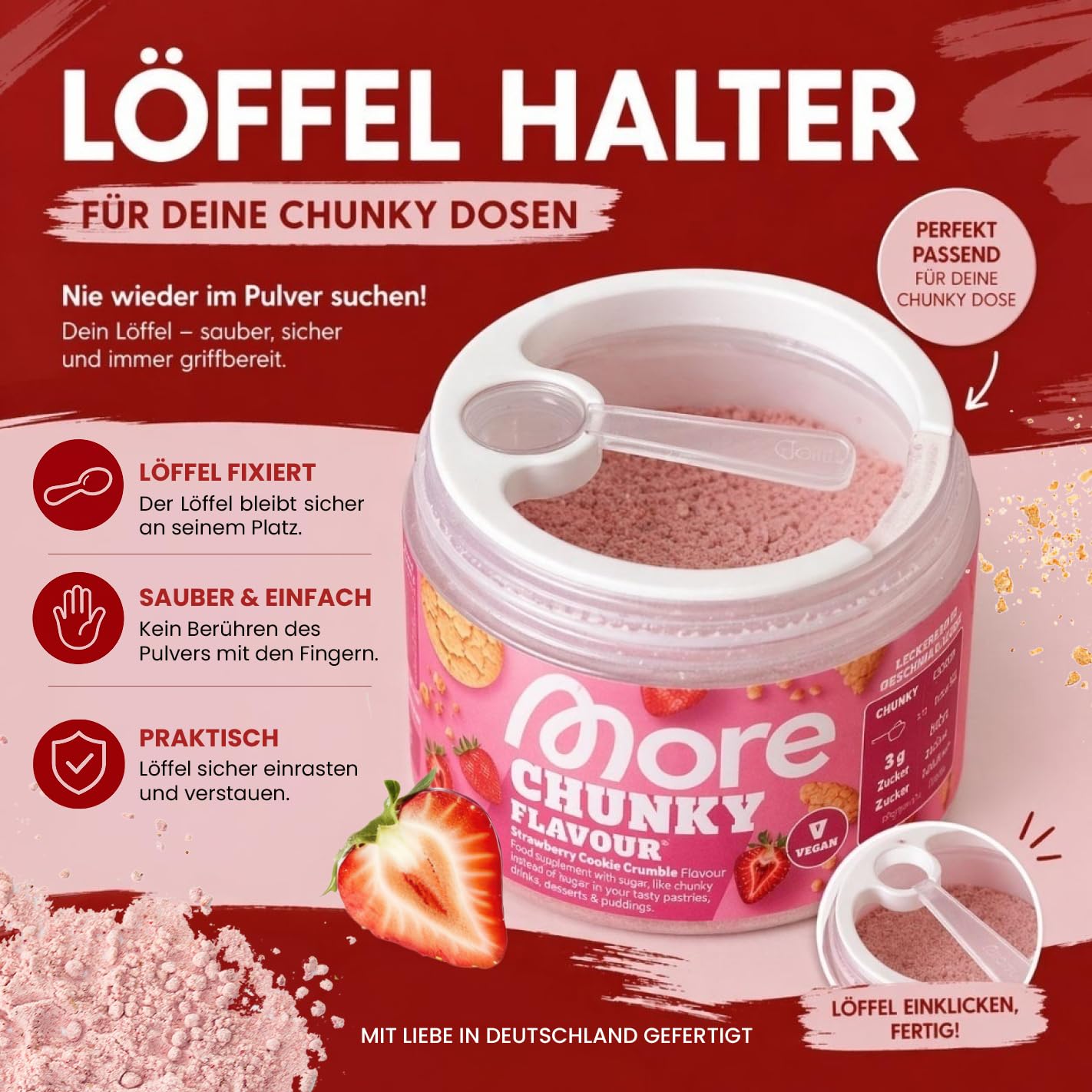 Chunky Flavour Löffelhalter für 90g Dose – Scoop Holder für More Nutrition – 3D Druck, passgenau, hgienisch, 3er Set, diverse Farben