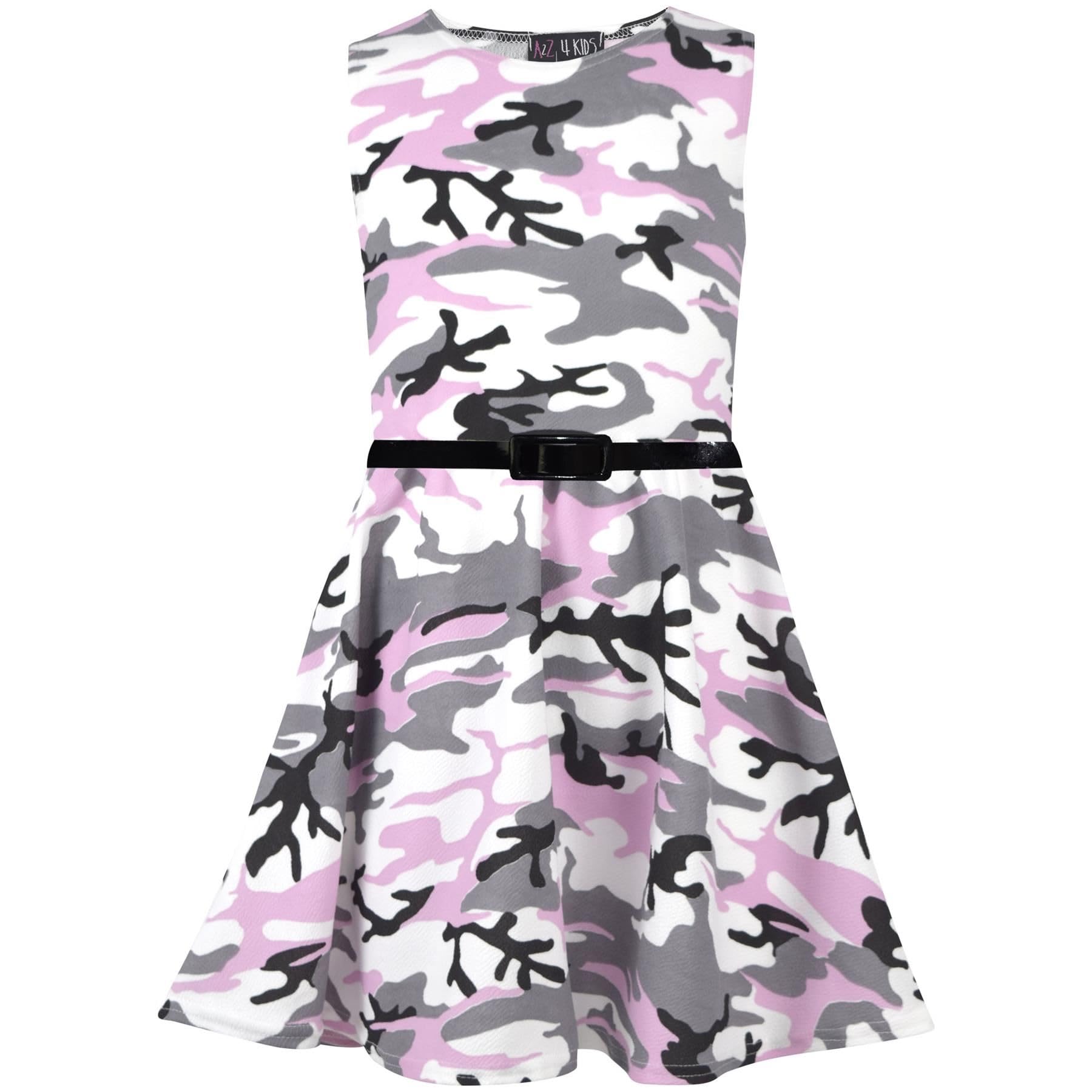 A2z 4 Kids Girls Camo Baby Pink Sleeveless Skater Dress With Belt Cotton - Baby Pink Camo Skater Dress._9-10