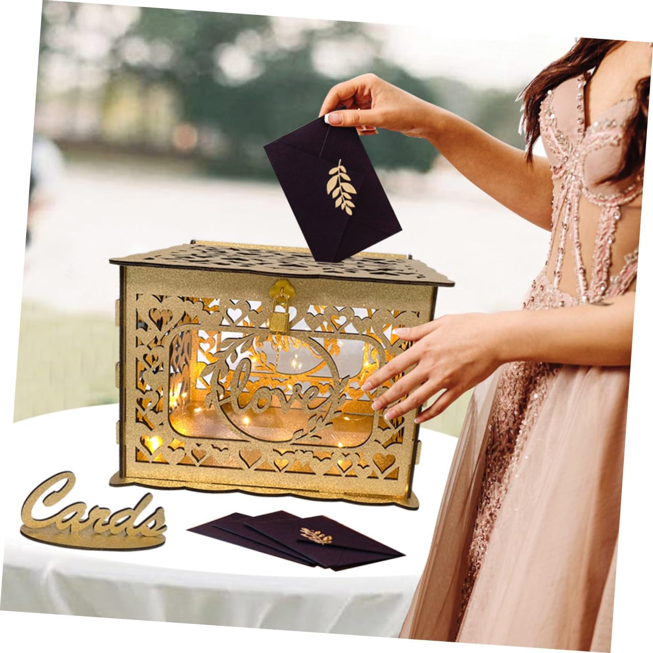 Wood Hollow Greeting Card Box with Slot, Glitter Finish Wooden Card Container for Wedding, Birthday, Anniversary, and Valentine’s Day Decorations