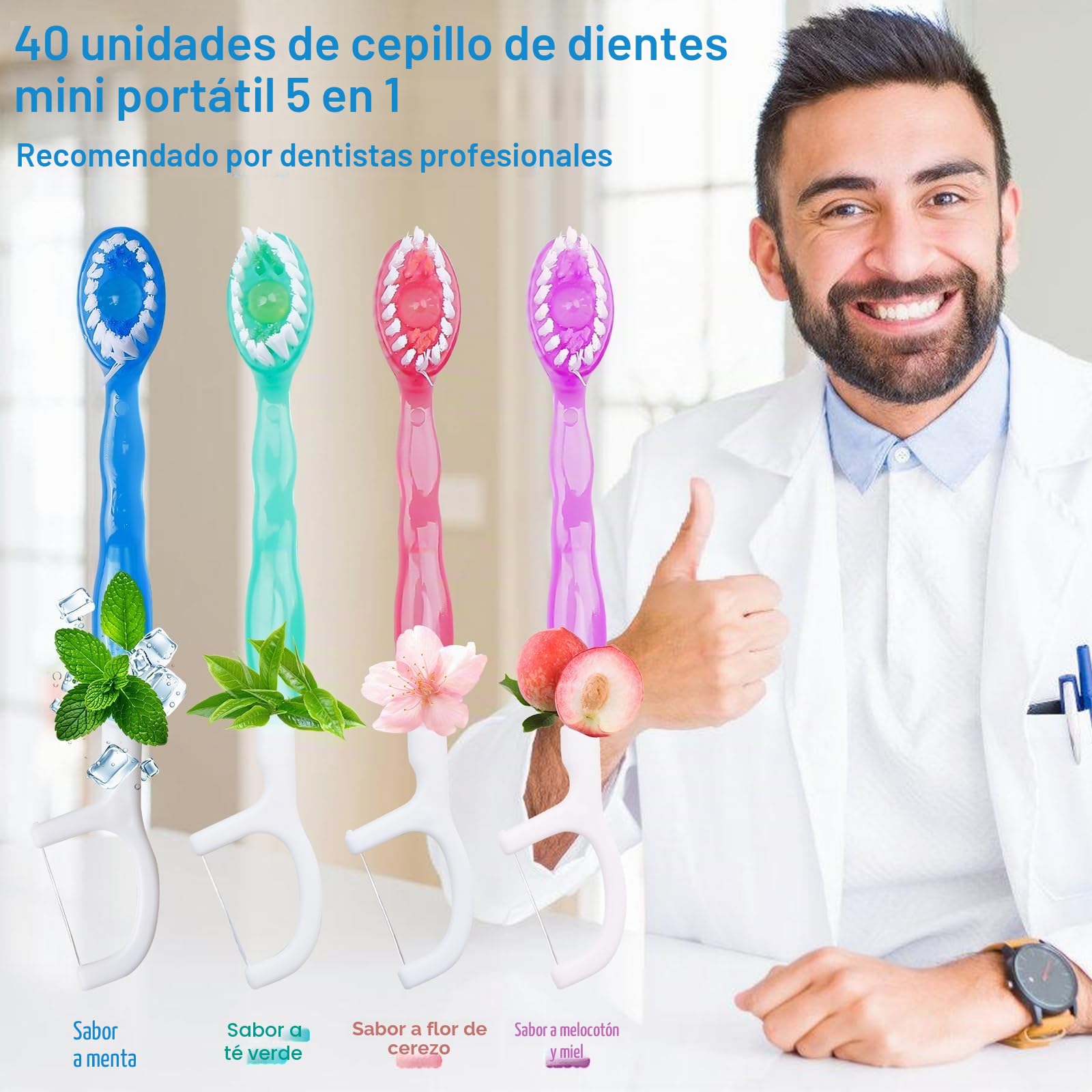 Lote de 40 mini cepillos de dientes desechables 4 en 1 con pasta de dientes, botones, raspador de lengua, hilo dental, pasta de dientes para viajes, camping, paseos, sabor mixto