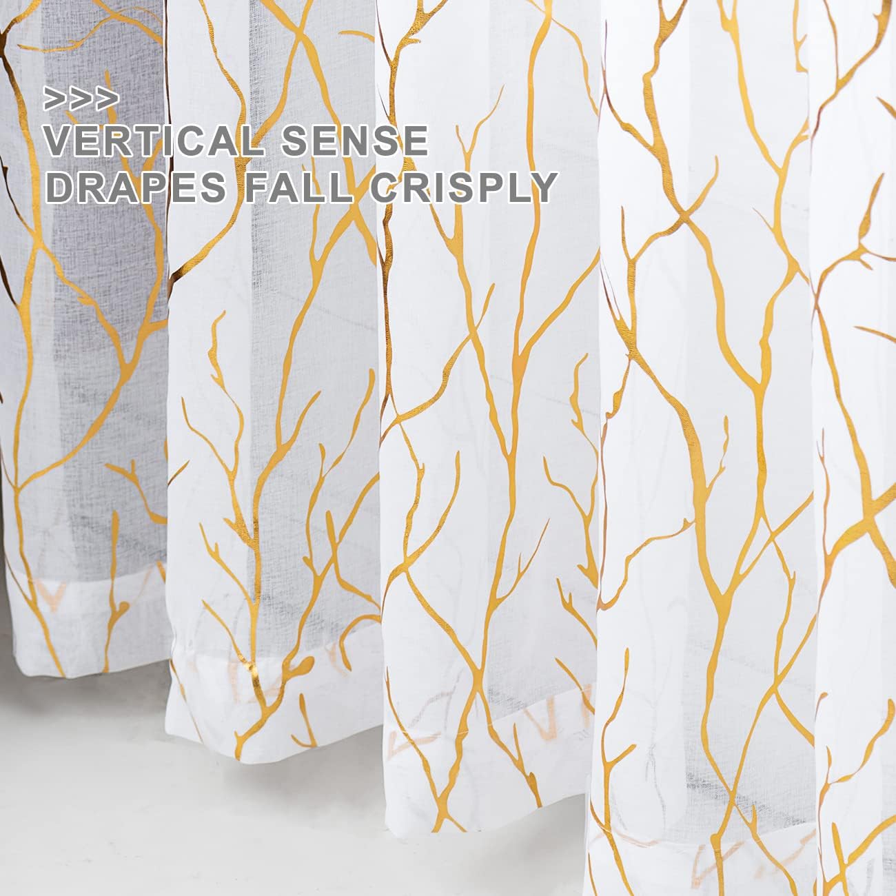 FINECITY Gold White Sheer Curtains 84-Inch Length - Metallic Gold Foil Tree Branch Printed Sheer Curtains with Rod Pocket Window Curtain 2 Panels for Living Room, 52 x 84 Inch, 1 Pair, White Gold