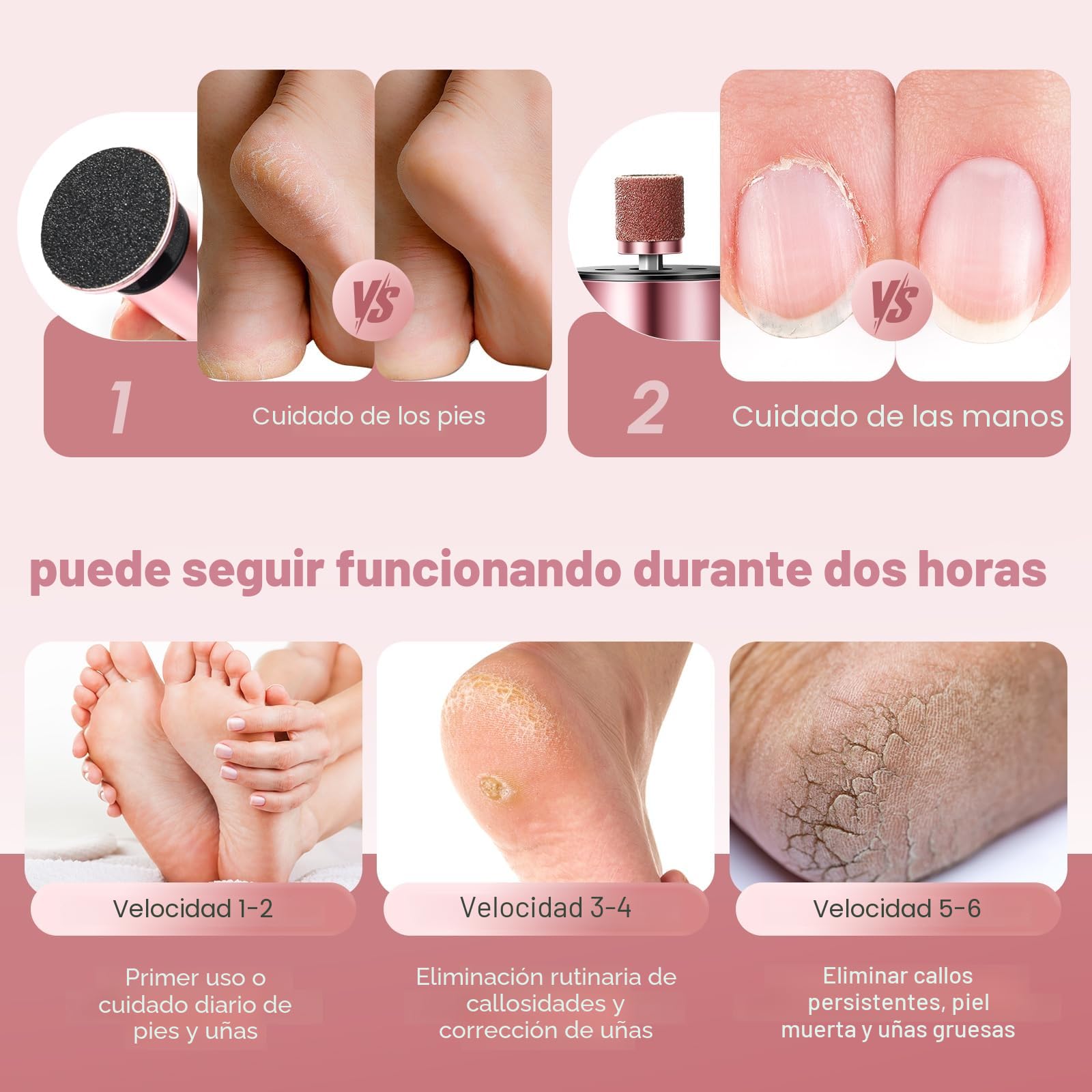 Lima Electrica pies Durezas, lima eléctrica recargable para pies, con hojas reemplazables de papel abrasivo, 6 velocidades para talones agrietados, callos, piel muerta (oro rosa)