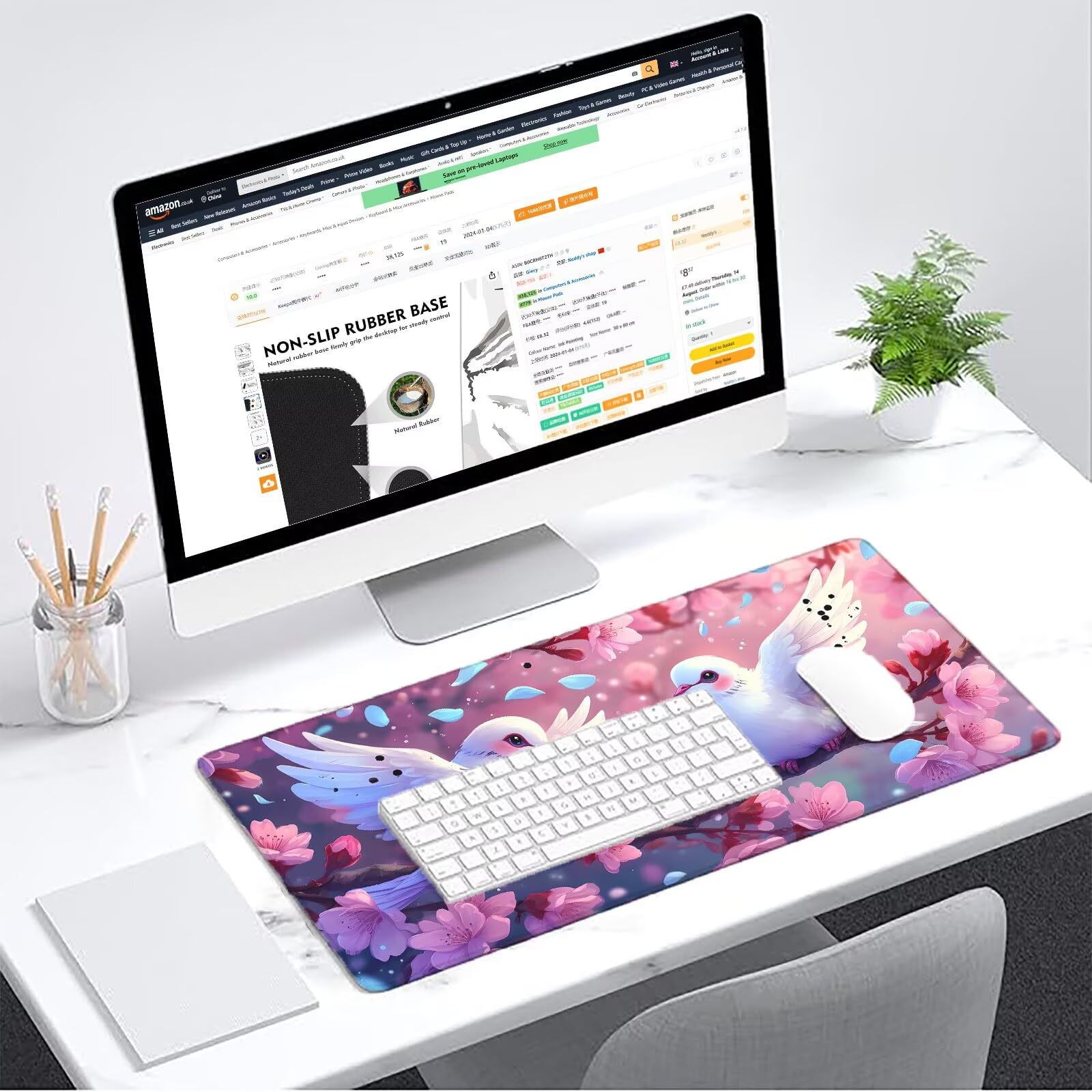 Podkładka pod mysz różowa XXL 1000 x 500 mm mata biurkowa kwiaty podkładka pod mysz jednoczęściowa gumowa podstawa antypoślizgowe krawędzie akcesoria biurowe praca szyta mysz do komputera biurowego