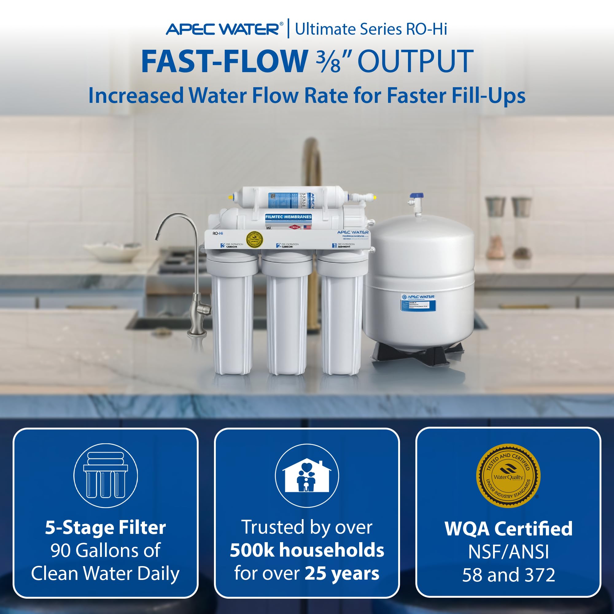 APEC Water Systems Ultimate RO-Hi Top Tier Supreme Certified High Output Fast Flow Ultra Safe Reverse Osmosis Drinking Water Filter System, 90 GPD