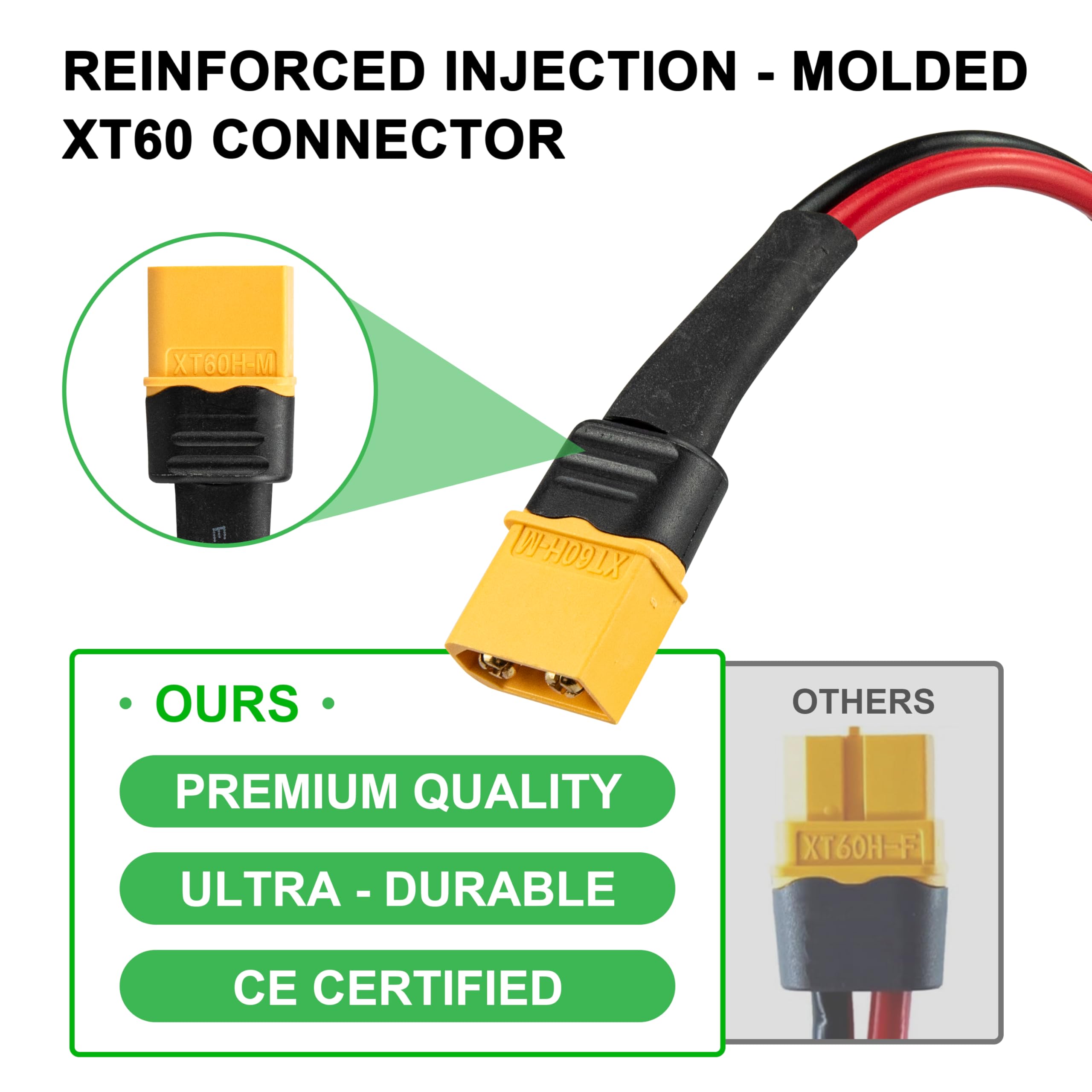 Cable de extensión XT60 resistente de 12 AWG con adaptador XT60 de conexión rápida, generador solar, estación de energía portátil y batería RC compatible (2 pies), conector impermeable de alta