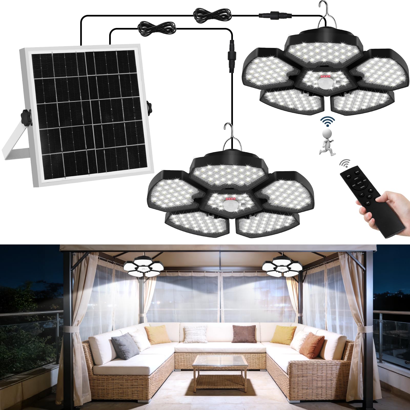 T-SUNUS Solar Shed Lights Indoor Outdoor, 156LED Solar Powered Motion Sensor Pendant Lights with Remote Control, IP65 Waterproof, 5 Light Modes, 5M Cable for Garden Shed Gazebo Garage(2 Pack)