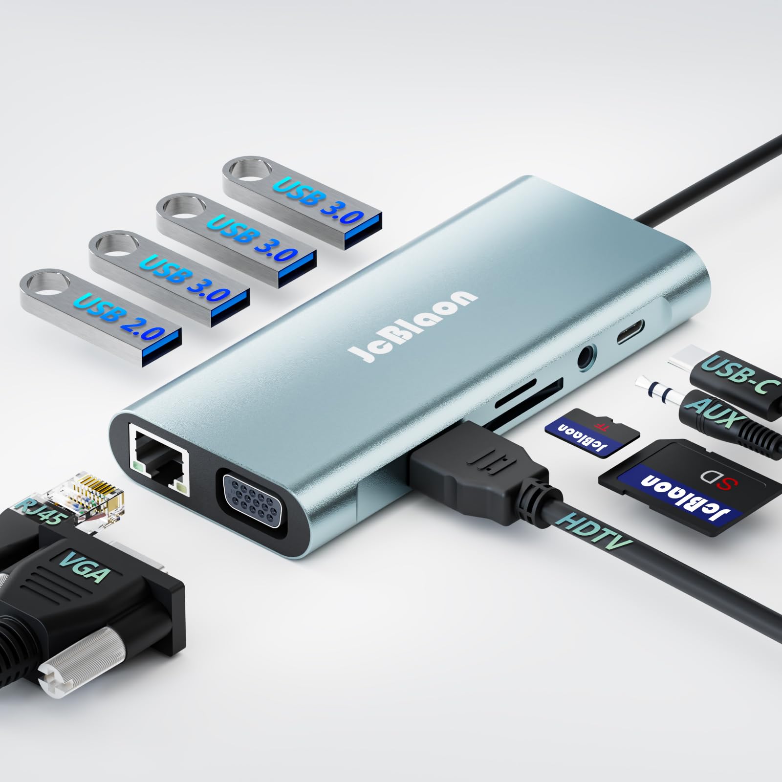 JcBlaon 11-in-1 USB C Docking Station with 4K@30Hz HDTV, 1080P VGA, 1000M LAN, 87W PD, 3 USB 3.0 * 1 USB 2.0 Ports, SD/TF Card Reader, 3.5mm Audio Jack, Compatible with MacBook Pro/Air, iPad Pro-image-35