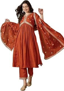 SheWill Women's Orange Vichitra Silk Alia Cut Kurta Set with Zari Sequence Chain Work, Pant & Dupatta | Kurta with Embroid... Price In India