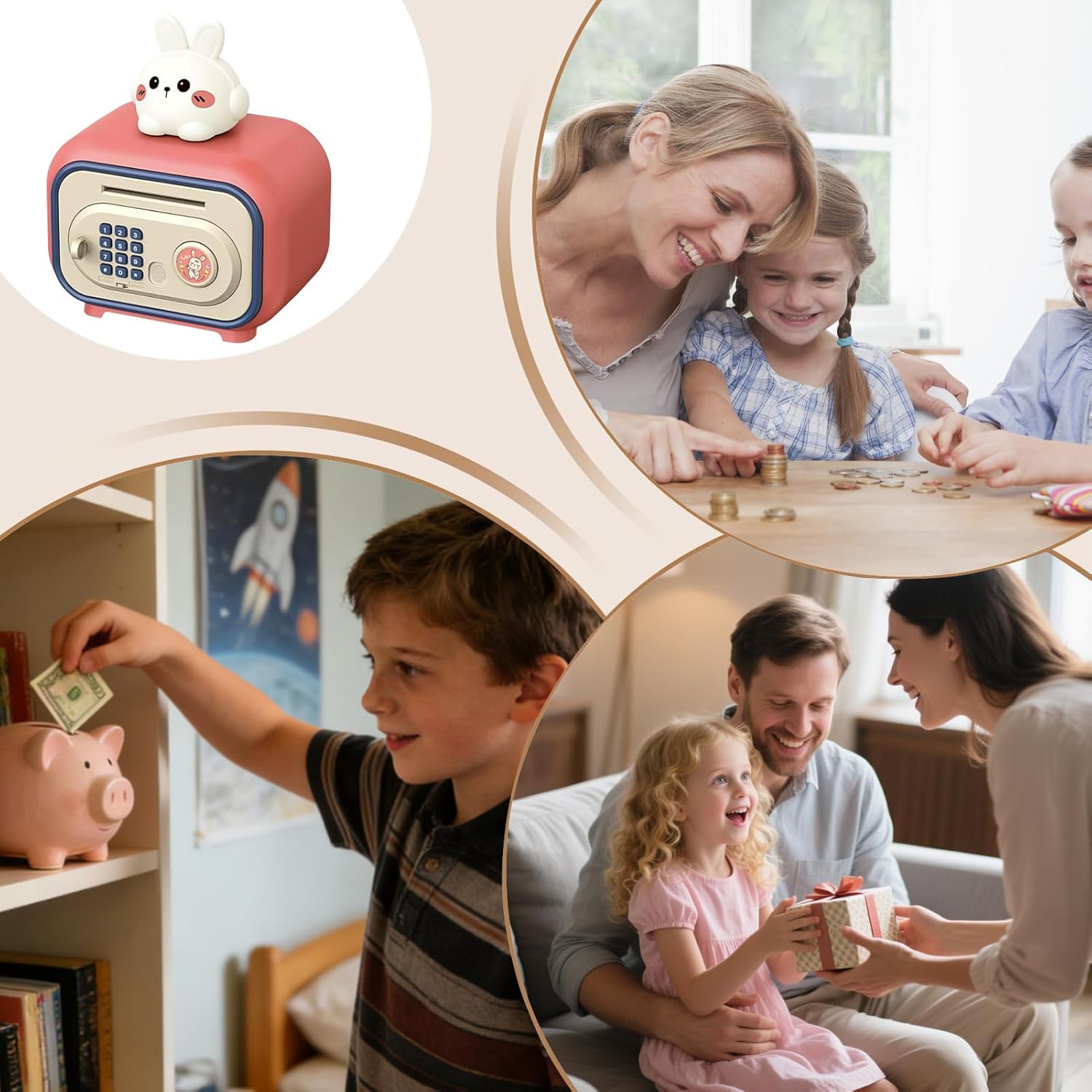 Kids Money Bank, Password Fingerprint Unlock, 15x12cm Sound Saving Box, ABS Material Included, Coin Cash Bank with Secure Design, Boys Girls Money Saver Tool for Birthday Christmas Holiday