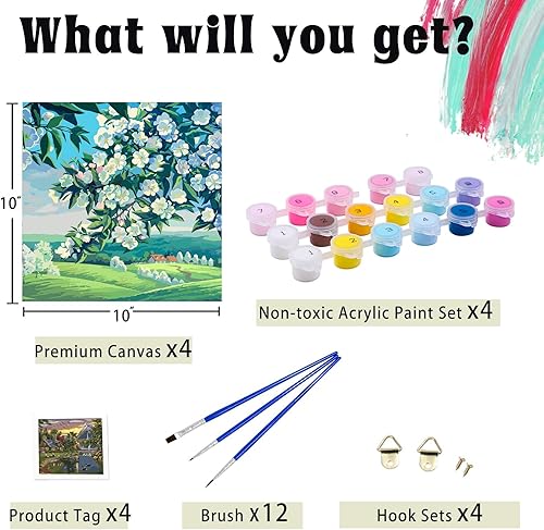 Miniatura 6 de Amphol Kits de pintura por números para adultos sobre lienzo enmarcado, paquete de 4 unidades, pintura fácil de pintar por números para adultos