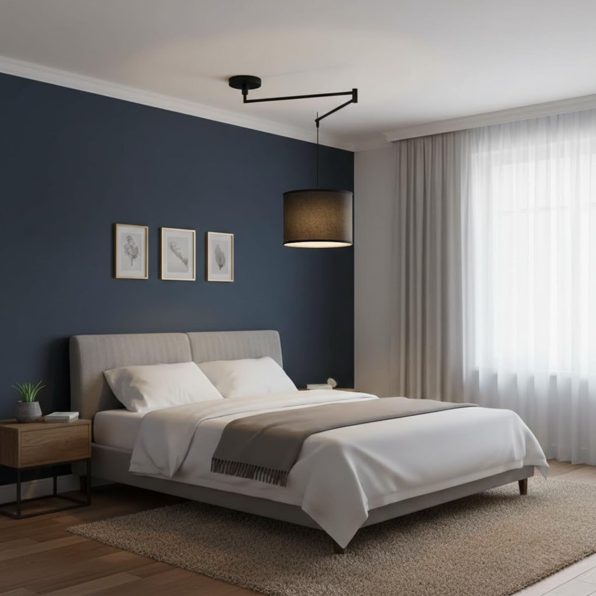 Lámpara Colgante de Techo NECK con Brazo Articulado. Pantalla Tela y Base Giratoria. Altura Ajustable. Portalámparas E27. Estilo Moderno. Lámpara colgante Negra para isla cocina, comedor, dormitorio.