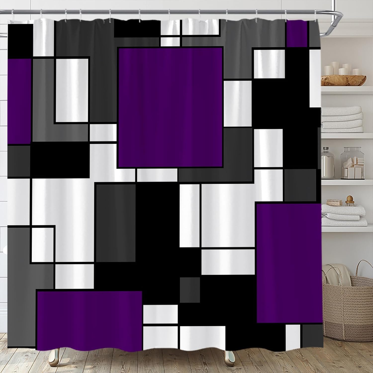 Modern Geometric Shower Curtain Yellow Gray Black Abstract Geometry Mid Century Boho Fashion Home Fabric Bathroom Decor Set Include Hooks,(70" Wx74.8 H)