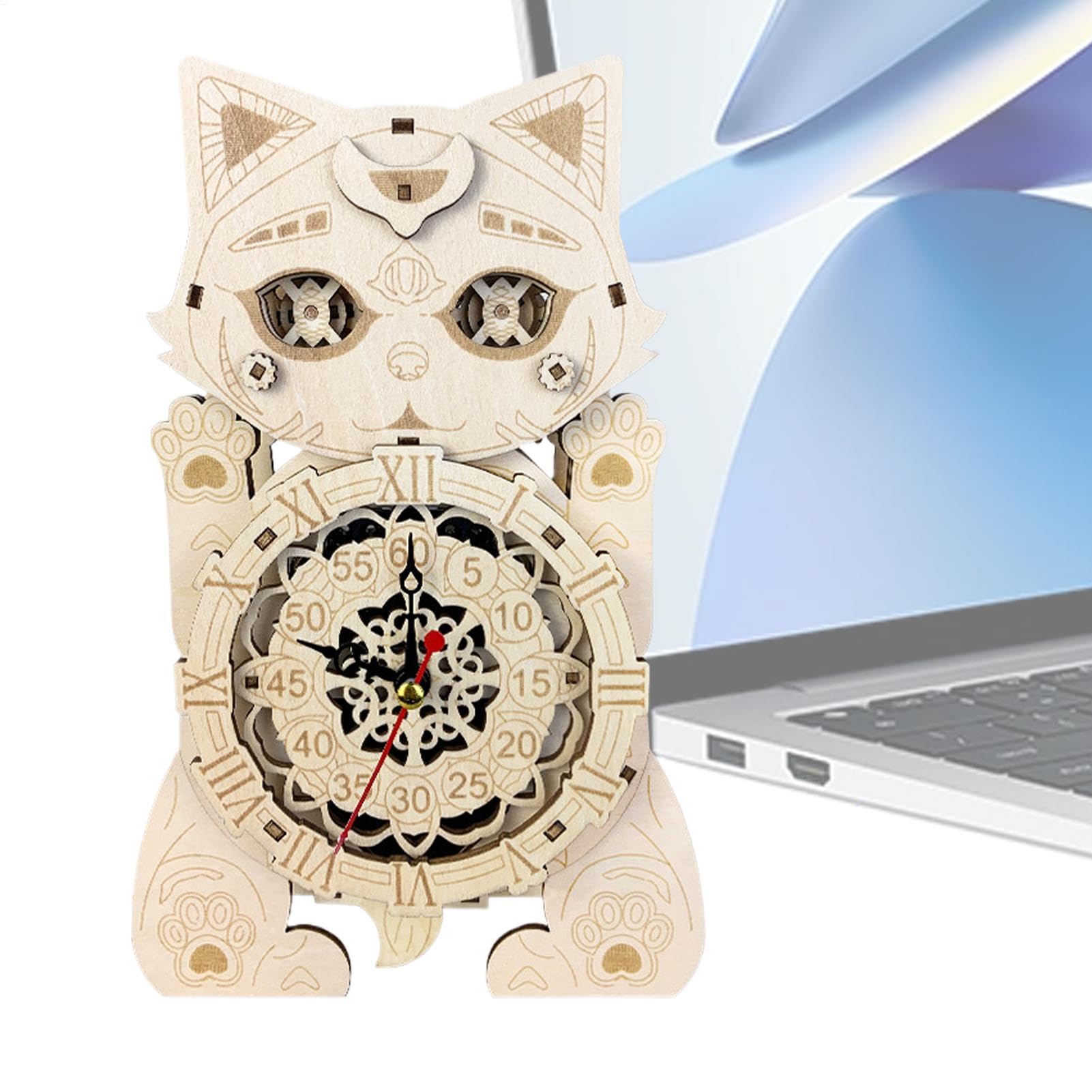 Cat Clock Model Kit,Cat Puzzle Clock Assembly Model Kit,Cat Design Hobby Wooden Craft Clock Kit for Living Room Coffee Shop,Bookstore,Work Area,Stu Room