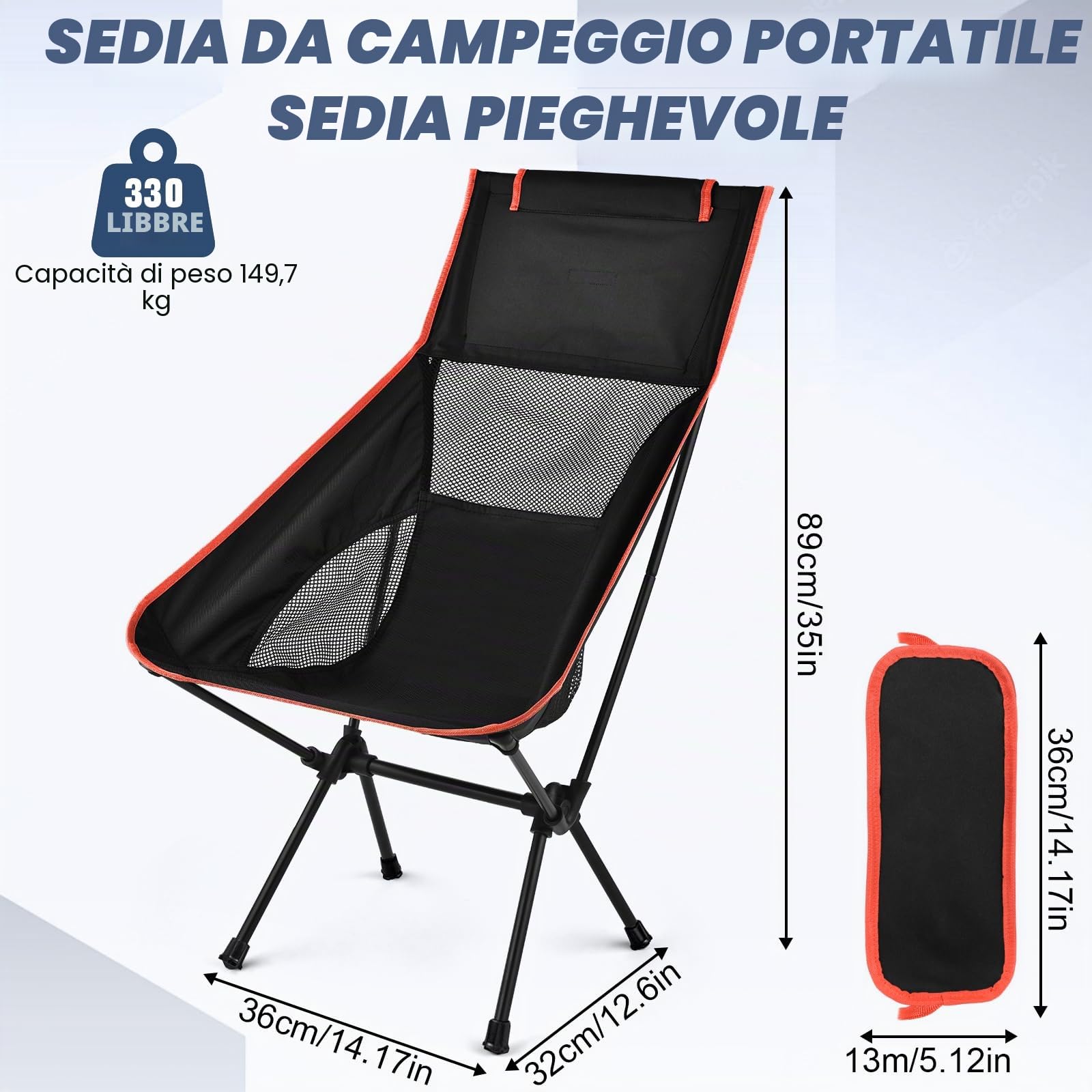 Sedia da Campeggio Pieghevole, Portatile Sedia Pieghevole Ultraleggera con Borsa da Trasporto, Max Portata 150 kg, Sedie Campeggio per Esterni, Giardino, Spiaggia, Pesca (Nero)