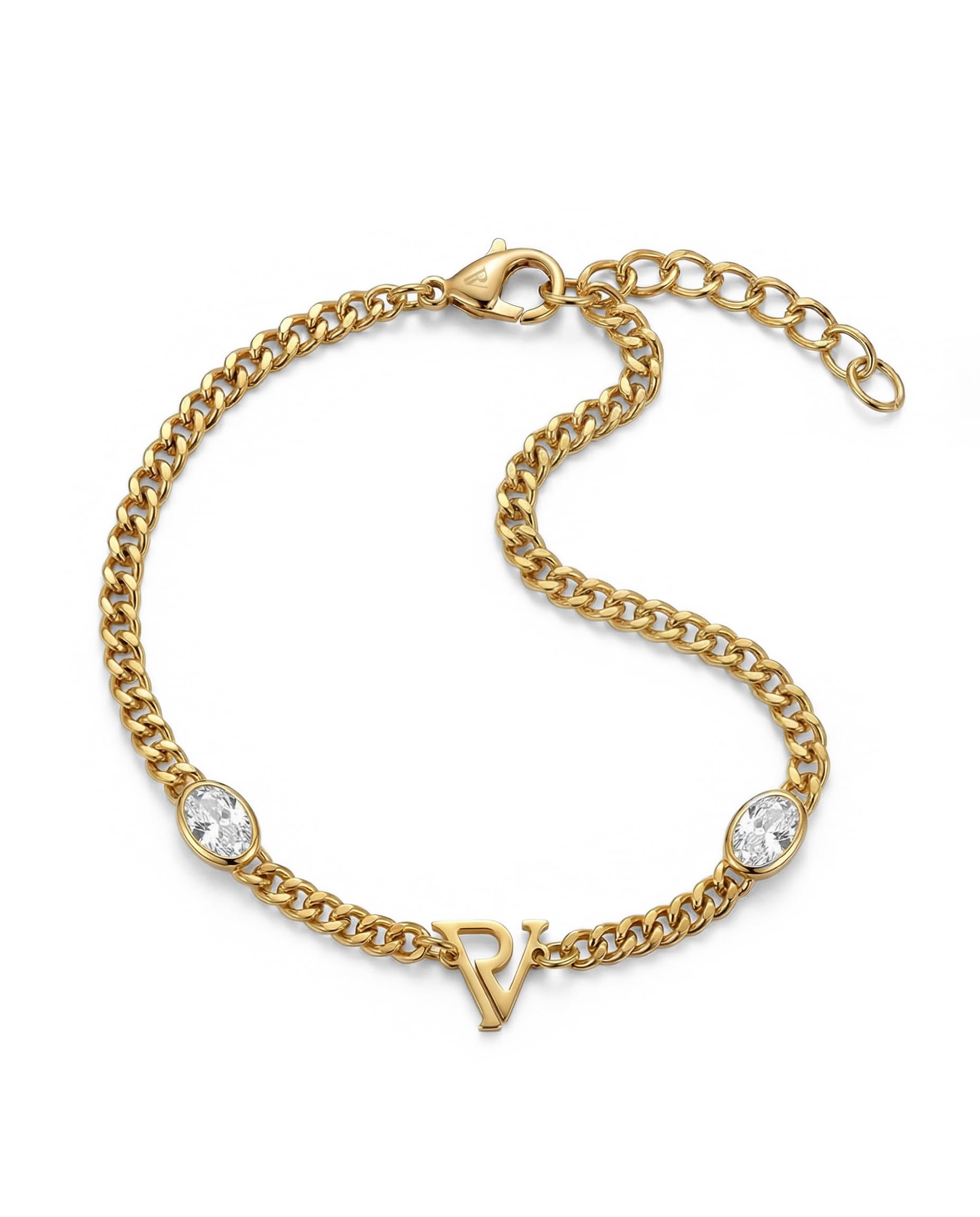 PAUL VALENTINE - Damen Armband Edelstahl - Vergoldet/Golden - mit Zirkonia Stein - PV Logo Anhänger - PV-B0029