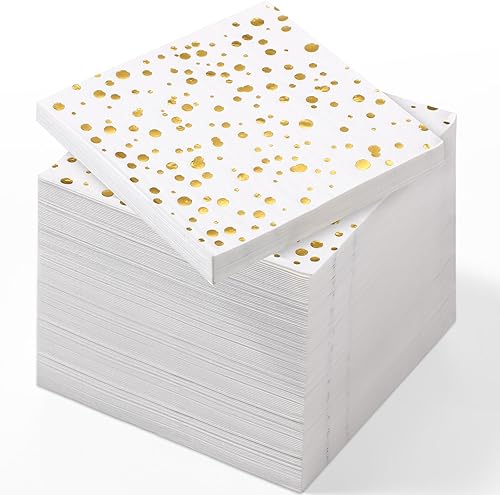 300 servilletas de fiesta de fin de año 2024 desechables de 3 capas de cóctel de 5 x 5 pulgadas, servilletas de papel con puntos dorados, cena para