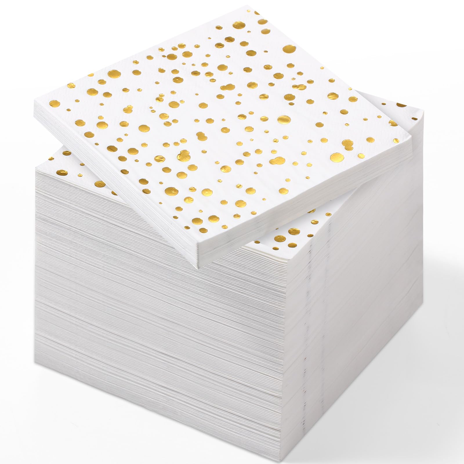 Lot de 300 serviettes de fête jetables en papier d'aluminium 3 plis, pour anniversaire, retraite, remise de diplôme - 12,7 x 12,7 cm - Motif à pois dorés - Blanc et doré