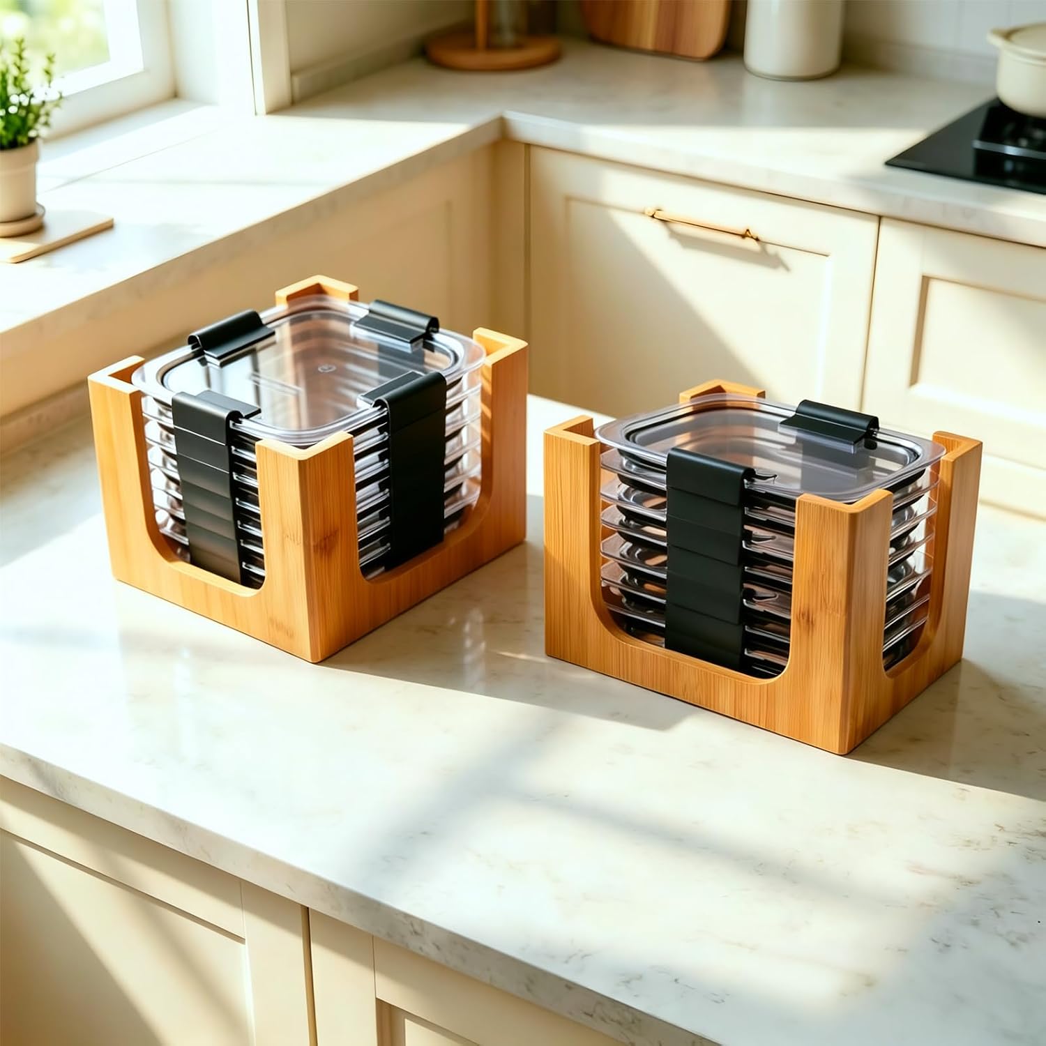 Angadona Large Bamboo Lids Organizer for Rubbermaid Brilliance Lids, 2 Stackable Lids Storage Holds 4.7 Cup or 3.2 Cup Food Containers, Premium Bamboo Lid Organizers Inside Cabinet