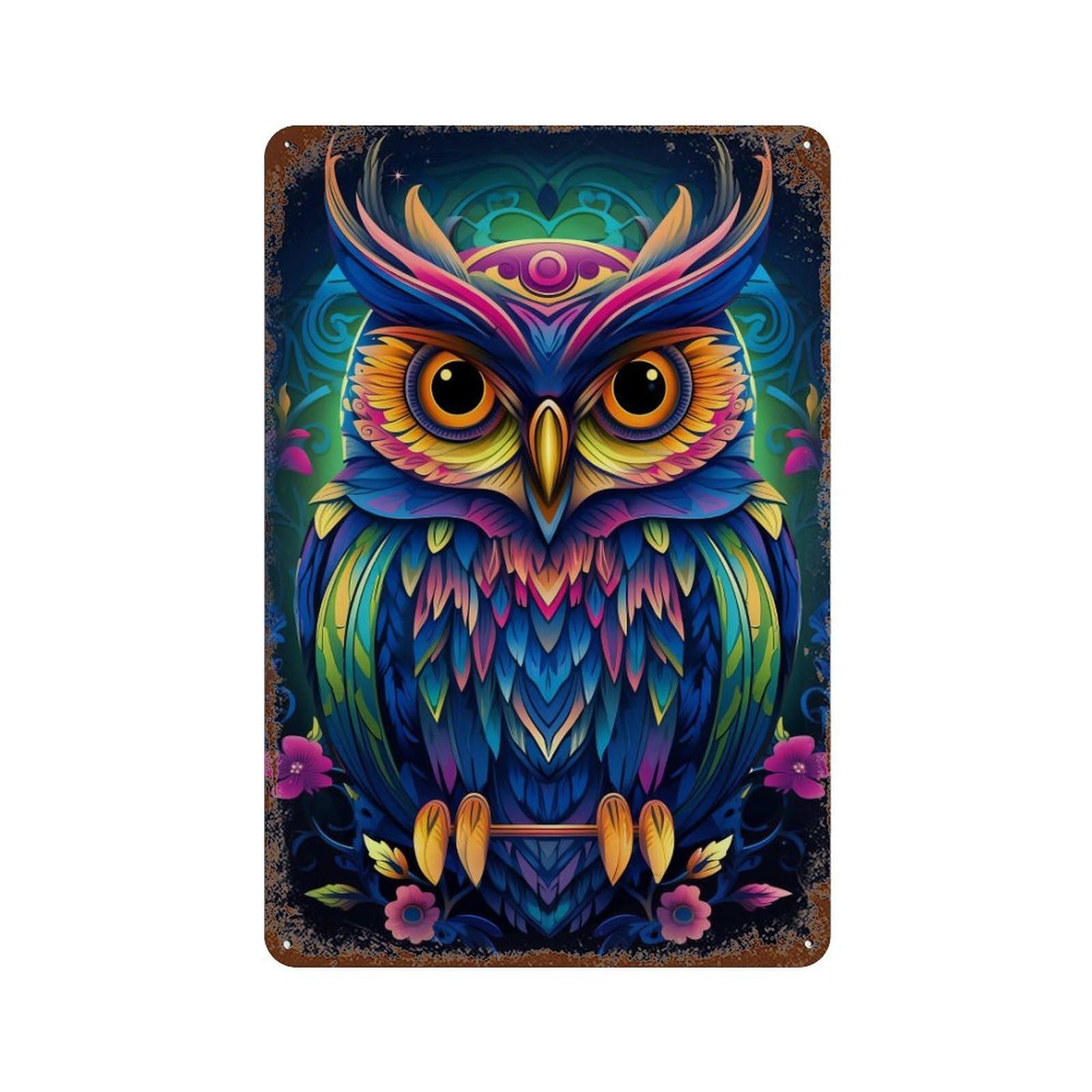 Colorful Owl Art Print-3 11.8"x7.9" Rustic Tin Plaque, Novelty Wall Decor for Bistro, Counter And Cafe Decor
