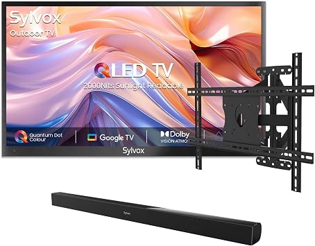 SYLVOX Outdoor TV with Soundbar & Wall Mount & Cover, 75 inch Smart QLED TV, 2000 Nit Full Sun, Weatherproof, 4K UHD, IP565 Waterproof, Commercial Grade 2026 Model