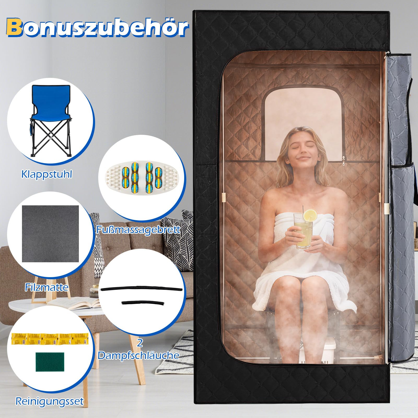 COSTWAY Sauna parowa 3 l, 1200 W, namiot do sauny z 15-stopniową regulacją temperatury, pilot zdalnego sterowania, timer, składane krzesło i mata, przenośna sauna domowa (88 x 88 x 179 cm, czarna)