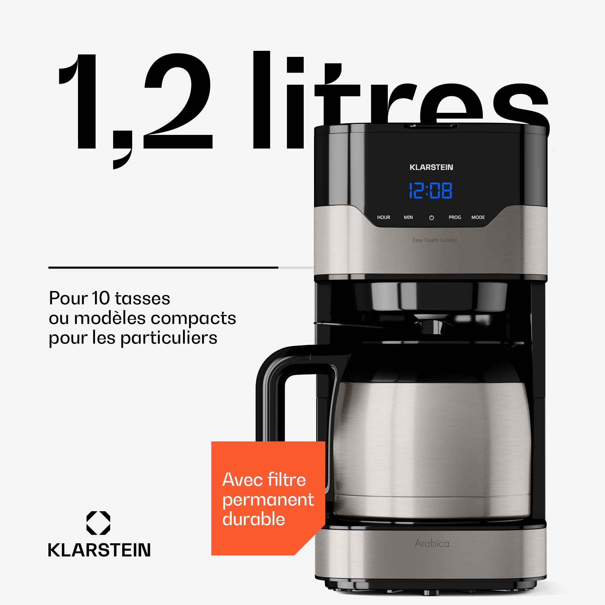 Klarstein 1.2L Petite Cafetière Electrique 800W - Acier Inoxydable Espresso & Café Filtre Machine - Barista Qualité pour Café Chaud et Glacé