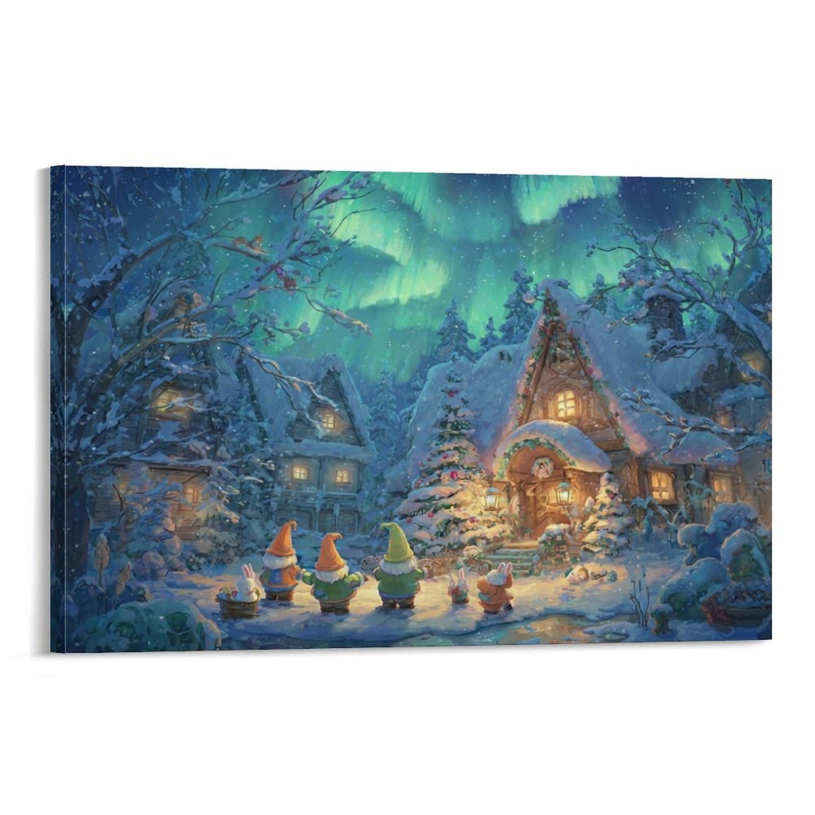 CPLVKWRQJ Winter Village Scene Single Northern Lights Winter Village Art Canvas Wall Decor - Kitchen Removable Wall Art Multi-Purpose Focal Point Decor 20x30inch(50x75cm)