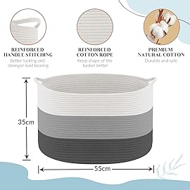 Maliton Large Blanket Basket, 22 X 22 X 14 Woven Baskets for storage Baby Laundry Hamper, Cotton Rope Blanket Basket for Living Room, Laundry, Nursery, Pillows, Clothes, Baby Toy chest (White&Grey)