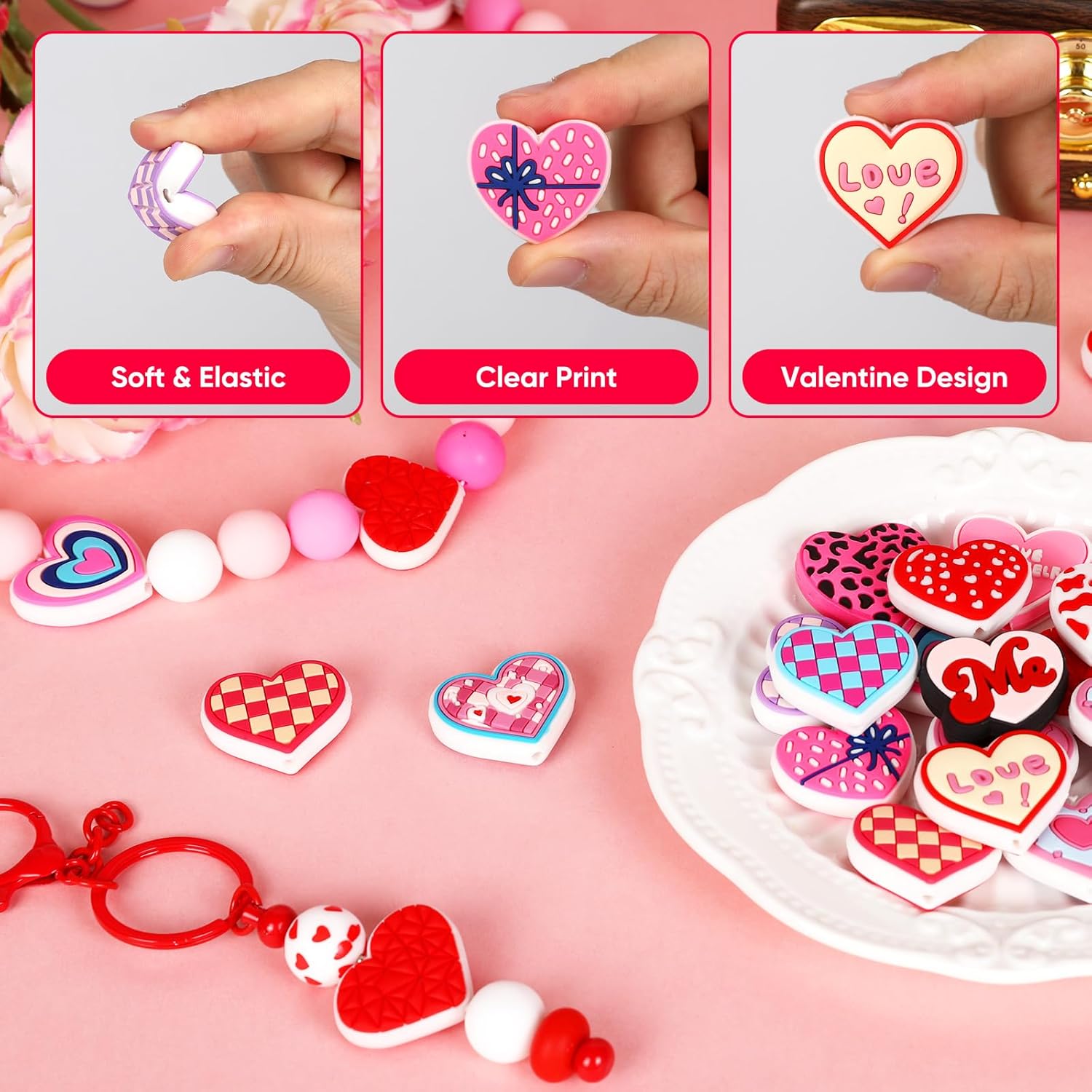 Valentine Focal Beads for Pens,15pcs Heart Shape Rubber Beads for Crafts Beadable Pen Keychain Lanyard Bracelet Making - Image 4