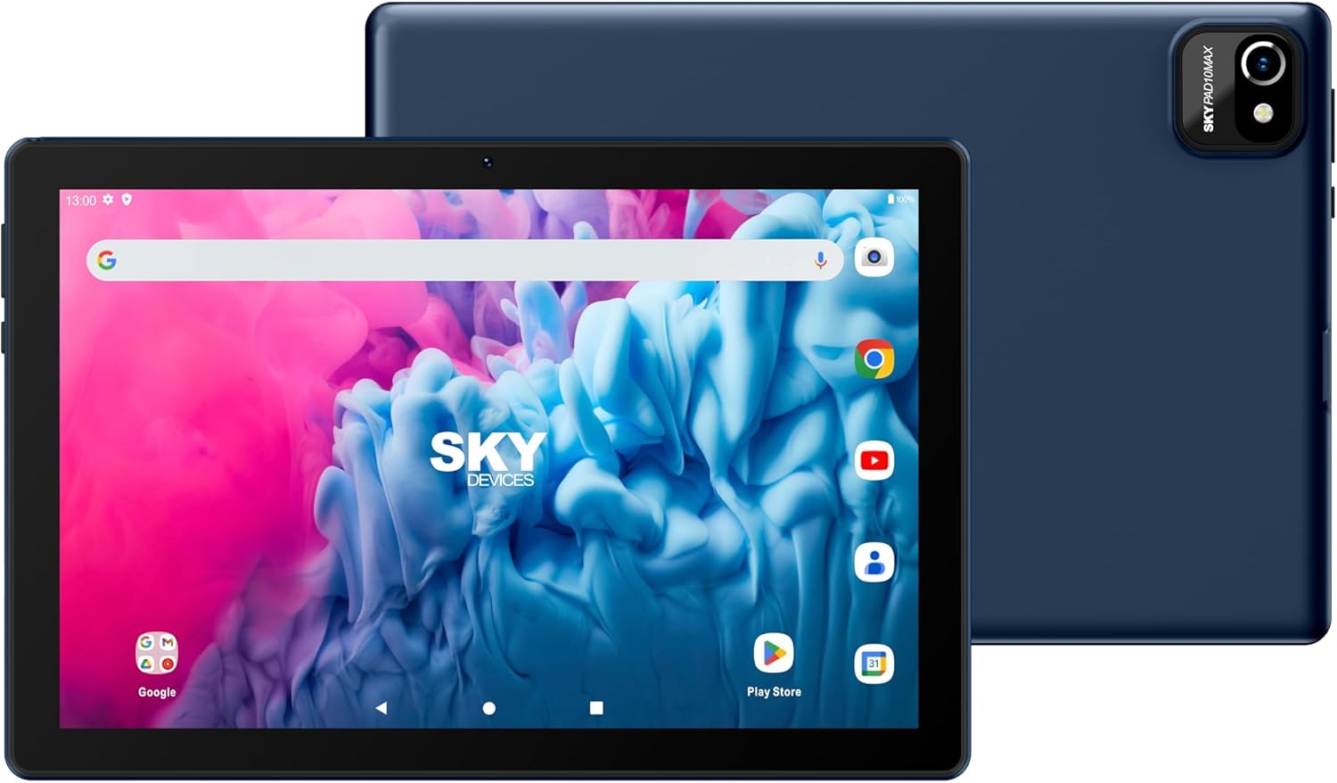 Přední a zadní view of the Sky PAD10 MAX tablet, showing both cameras.