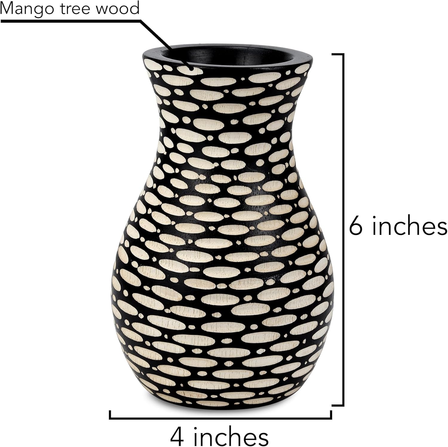 AeraVida Intricate Etched Ovals Mango Wood Vase Dark Brown 6-Inch Handmade Tabletop Flower Holder for Dried or Silk Flowers Rustic Modern Decor Accent for Living Room or Office