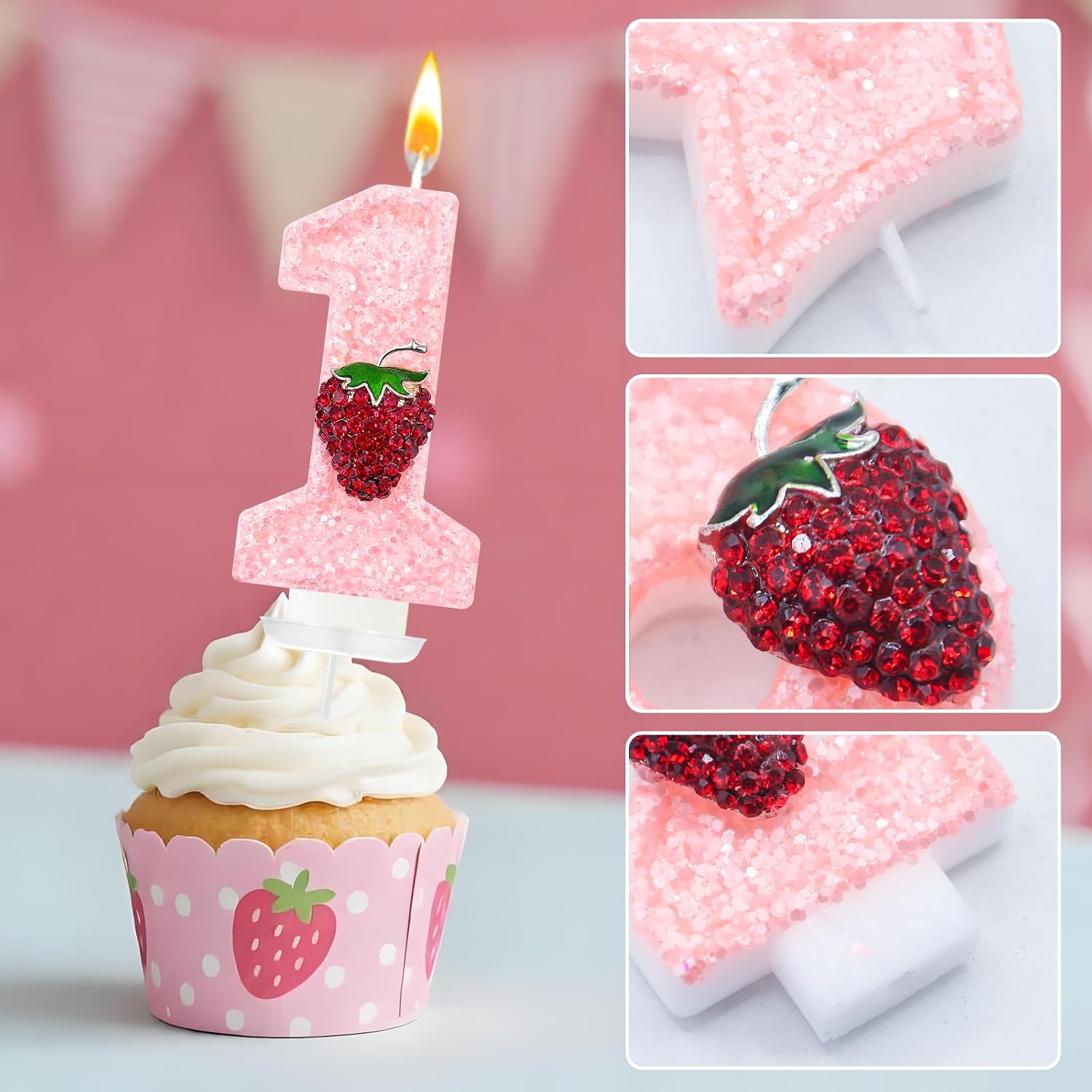 Minyu Strawberry-Shaped Berry Candles, Pink Number Candles, and Glittery Strawberry Cake Decorations, Perfect for Birthday and Anniversary Celebrations. (Number 1)