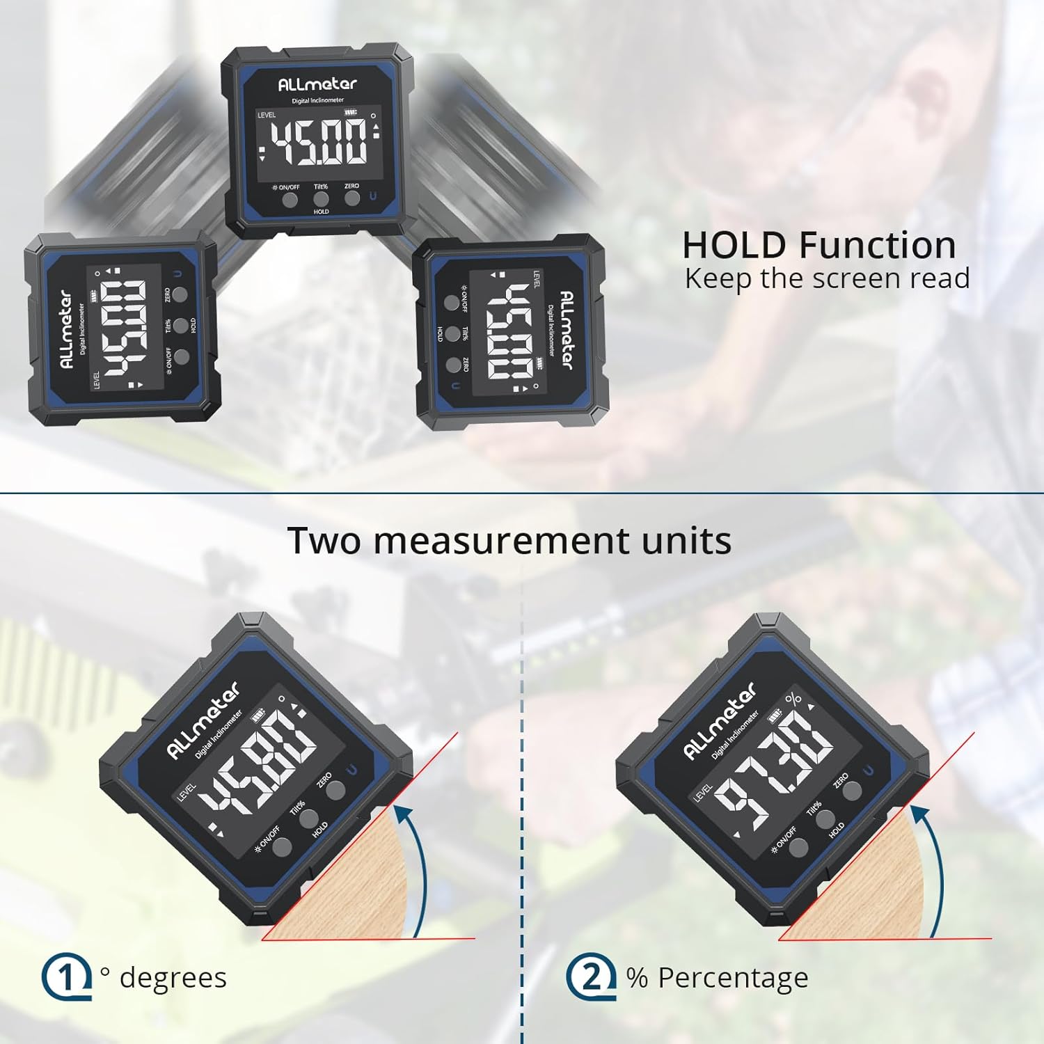 ALLmeter Digital Angle Finder displaying an angle in degrees and percentage, demonstrating the hold function.