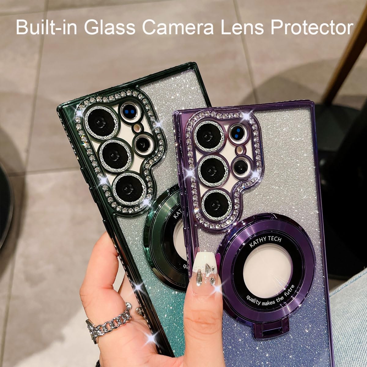 Magnetic Ring Stand Glitter Case for Samsung Galaxy S25 Ultra, (Compatible with Magsafe) Women Girly Luxury Bling Diamond Rhinestones Cover with Camera Lens Protector for S25 Ultra (Purple) - Image 3
