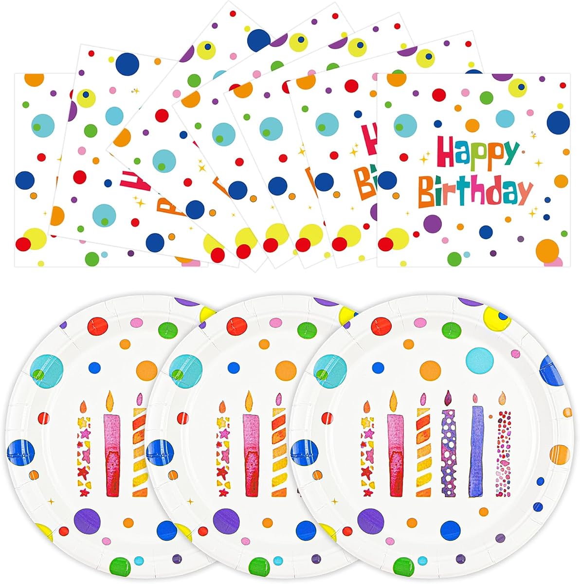 Platos y servilletas de cumpleaños, puntos coloridos, 7 pulgadas, 50 piezas | Platos de postre para pastel de cumpleaños, juego de vajilla de papel desechable, decoraciones para fiestas de cumpleaños, vela de cumpleaños