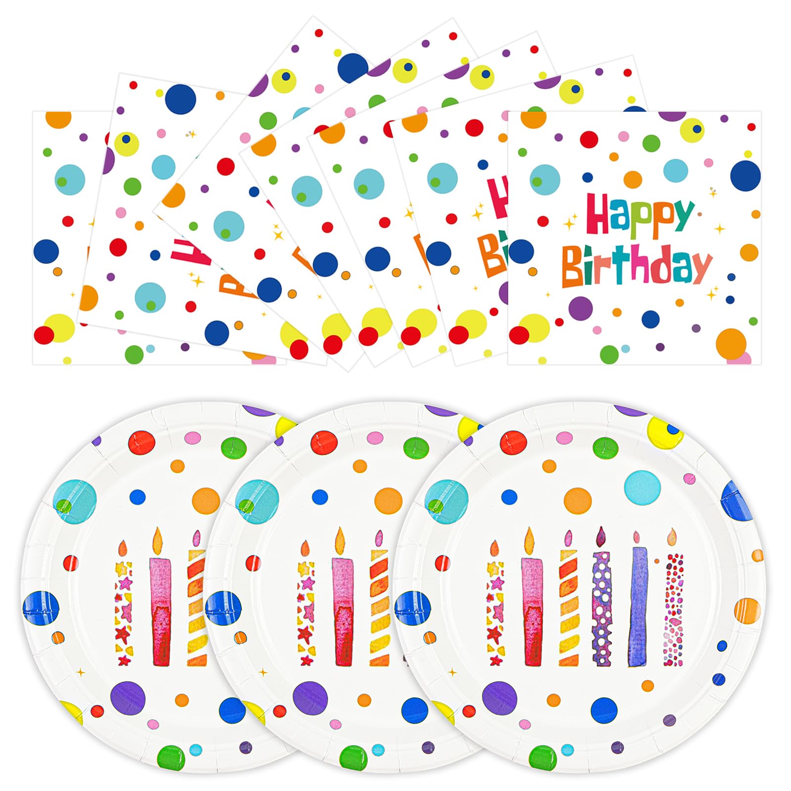 50 platos y servilletas de feliz cumpleaños, 7 pulgadas, coloridos puntos, platos de postre para pastel de cumpleaños, juego de vajilla de papel desechable para decoración de fiesta de