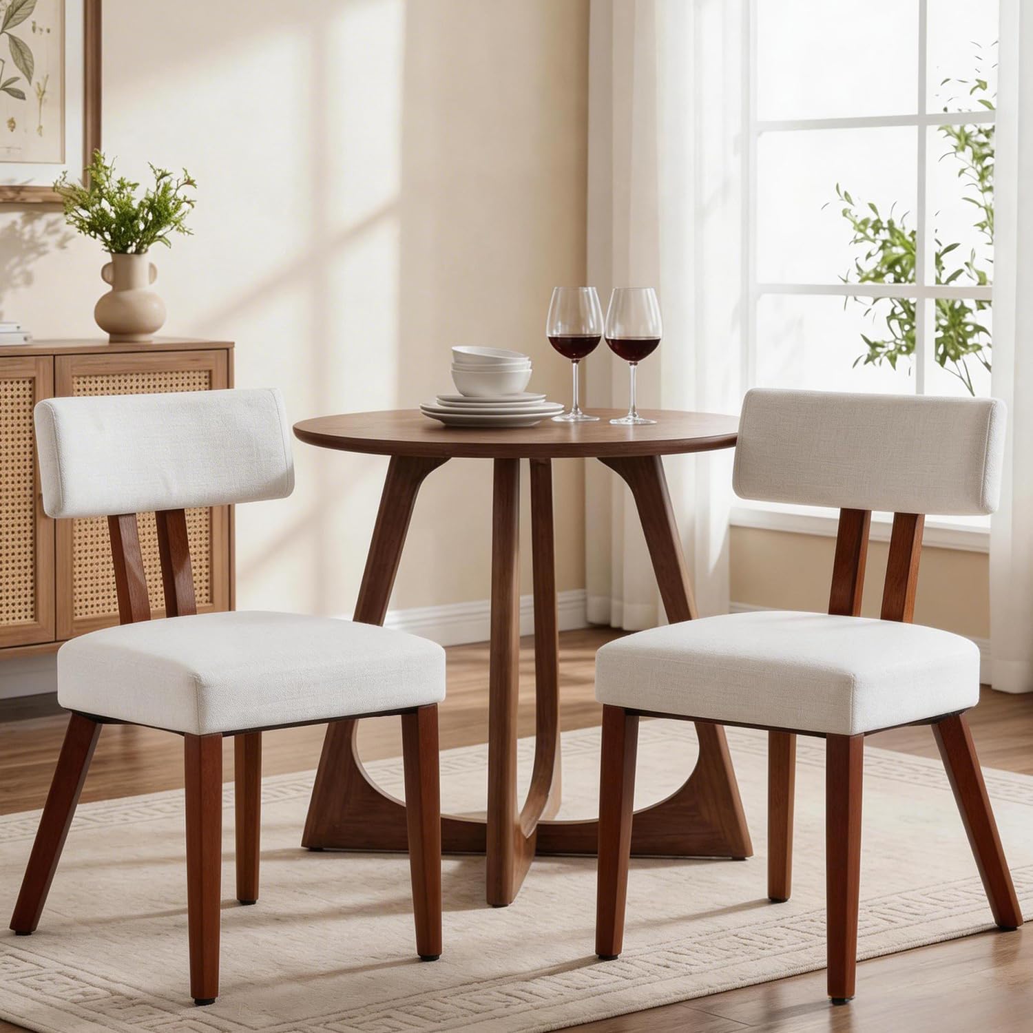 MOJAY Dining Chairs Set of 2, Mid Century Modern Kitchen Chairs Farmhouse Linen Fabric Side Chairs with Curved Backrest for Kitchen, Dining Room, Restaurant, or Patio, Off-White