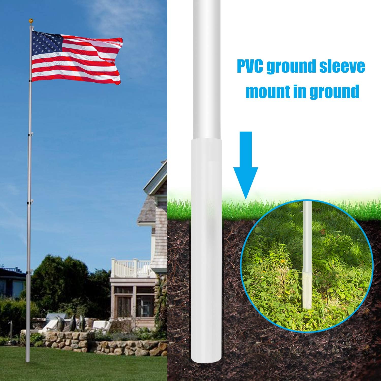 DISPLAYSWORKER 20FT Telescoping Flag Poles Kit,Heavy Duty 16 Gauge Aluminum Telescopic Flagpole Kit with 3'x5' USA Flag & Golden Ball Topper,Fly 2 Flags for Residential, Outdoor Garden (20 FT)