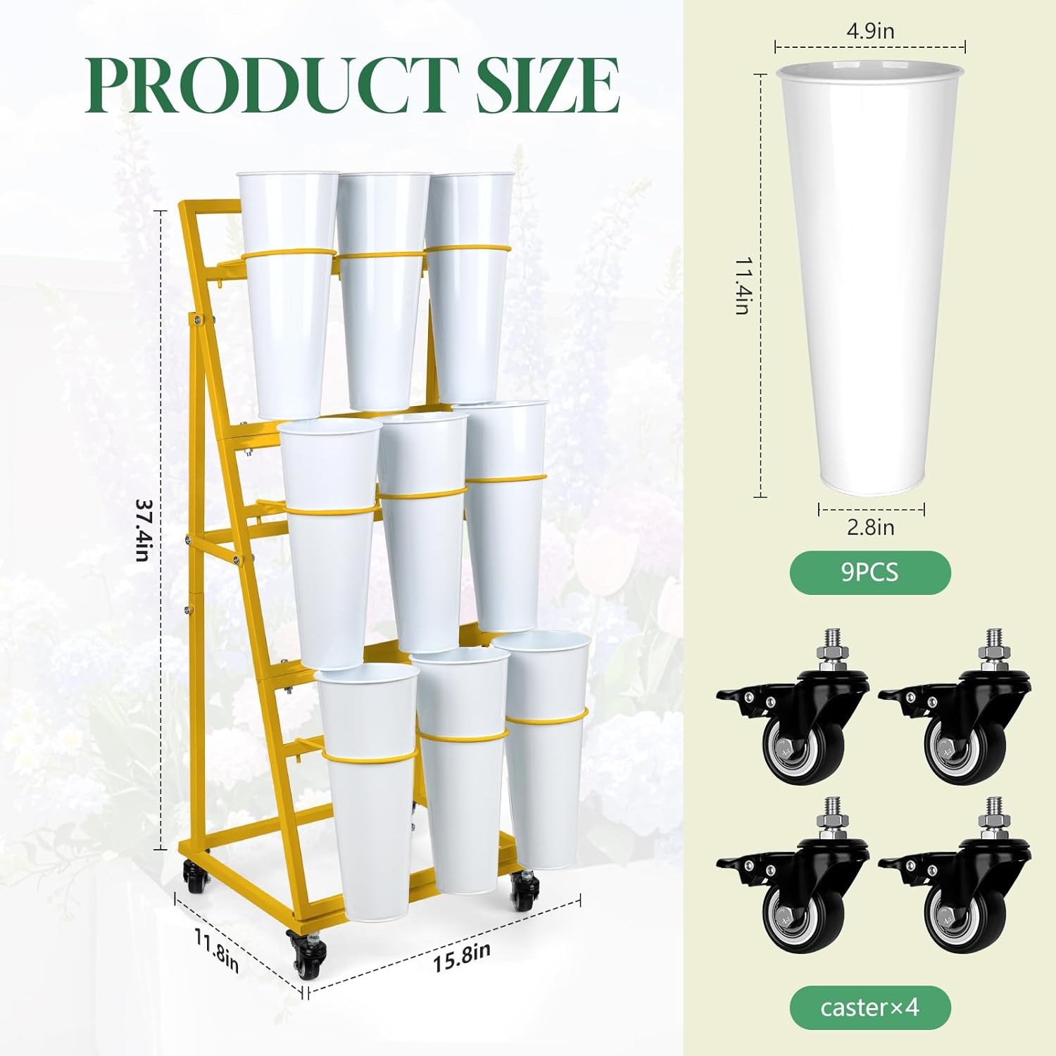 3FT Flower Display Stand with 9 Buckets,Metal Flower Bar Stand with Wheels,3 Layers Moving Florist Bouquet Shelf for Indoor Outdoor Garden,Flower Shop,Wedding,Party Decor (GOLD)