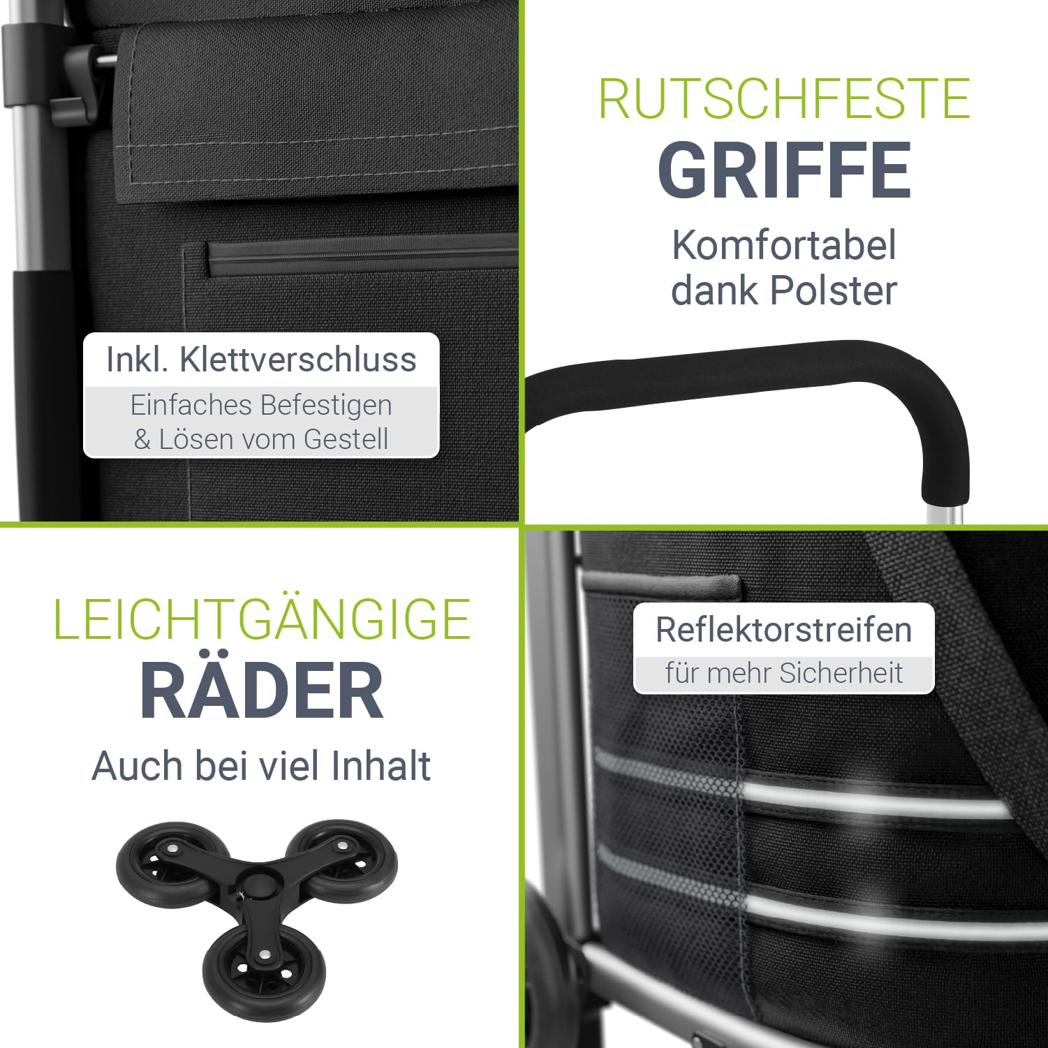Juskys 3in1 Einkaufstrolley für Treppen - 56 L, modern & klappbar - Treppensteiger Trolley zum Shopping - Sackkarre & Tasche - Trolli Schwarz