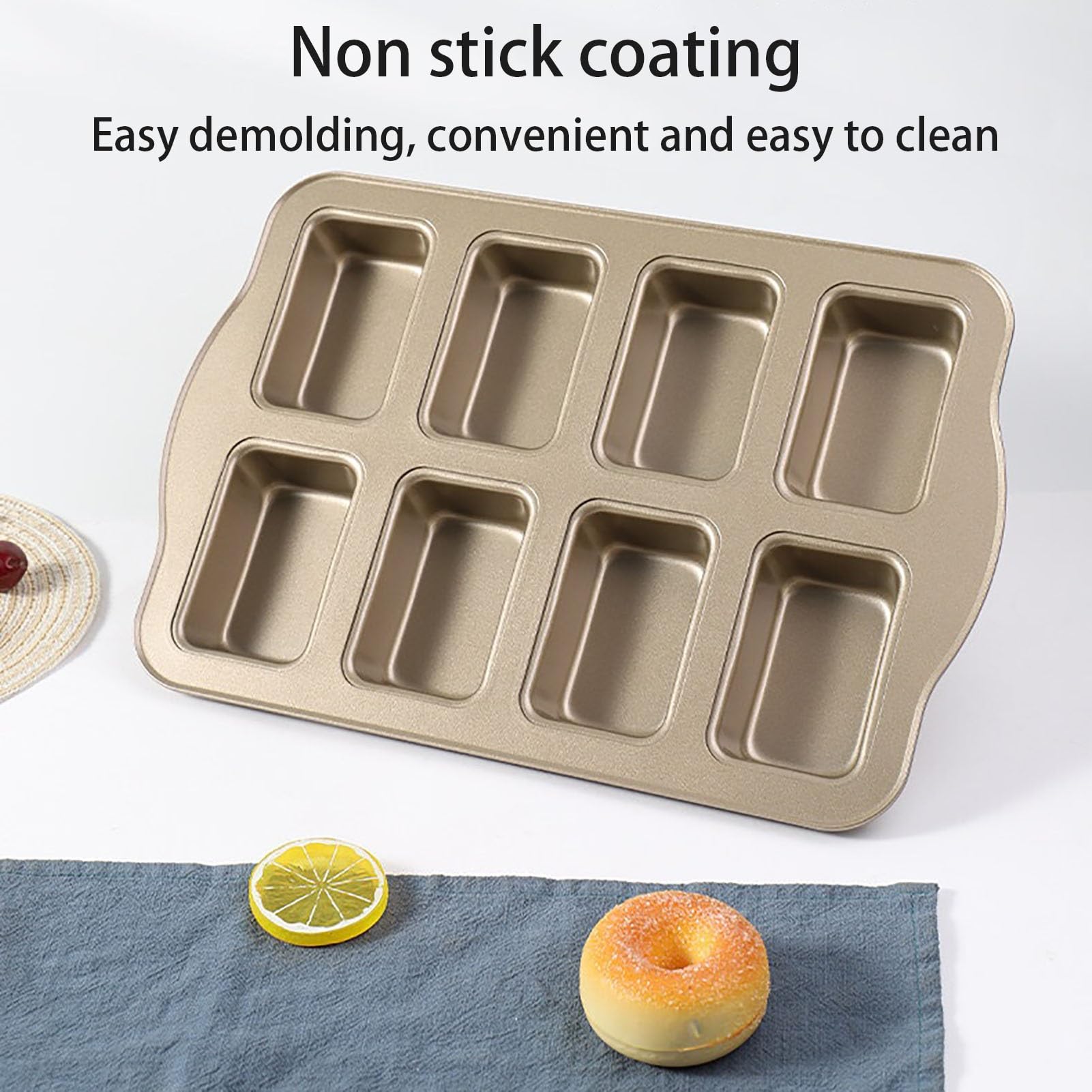 Rectangular Molde Magdalenas Horno De Acero Al Carbono Muffin Tray De 8 Cavidades Fáciles De Desmoldar Antiadherentes Bandeja Para Hornear Brownie(Gold)