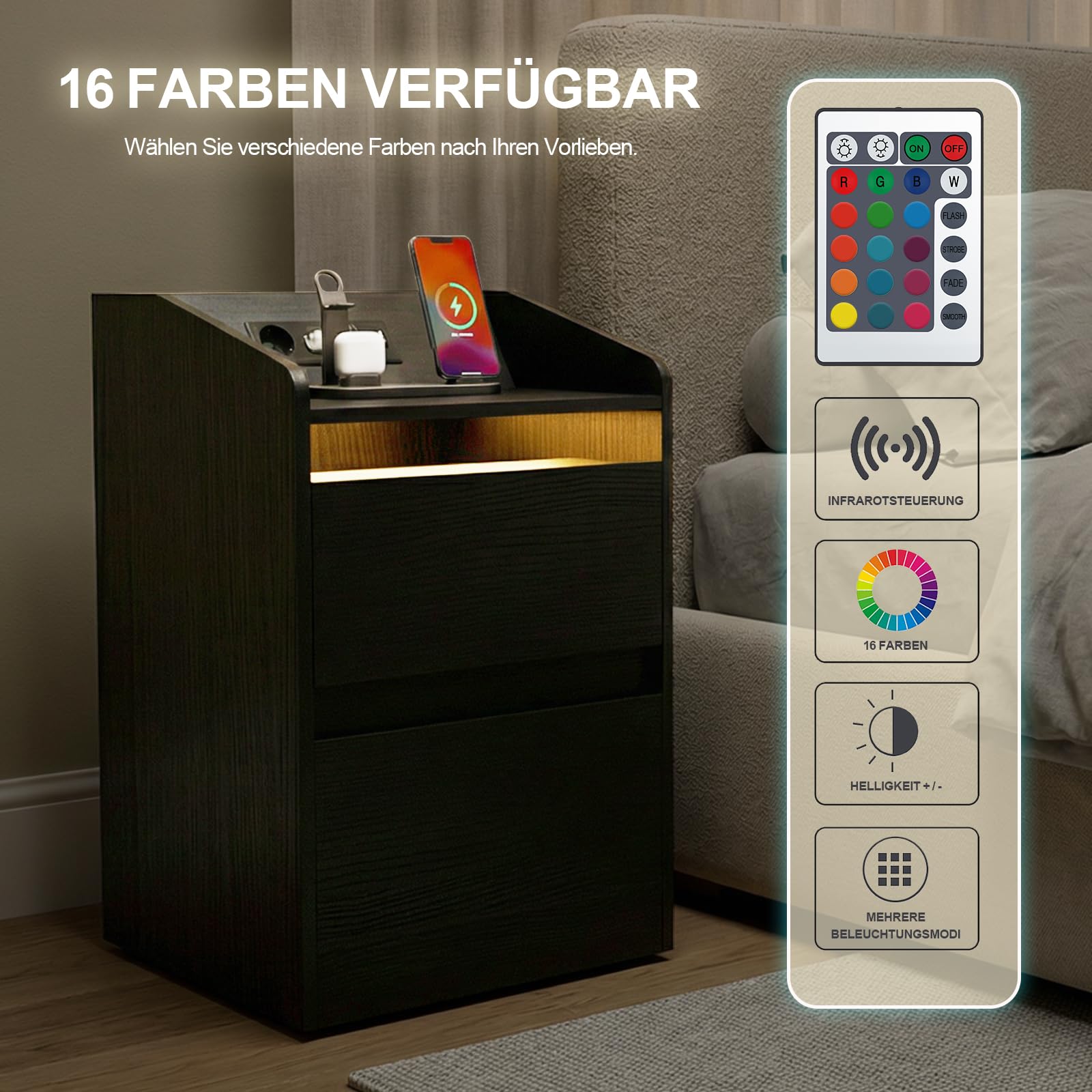 DATO Nachttisch mit LED-Beleuchtung und Ladestation(2 AC-Steckdosen, 2 USB-Anschlüsse) Nachtschrank mit Schubladen moderner Beistelltisch Sofatisch für Wohnzimmer Schlafzimmer (NS20)