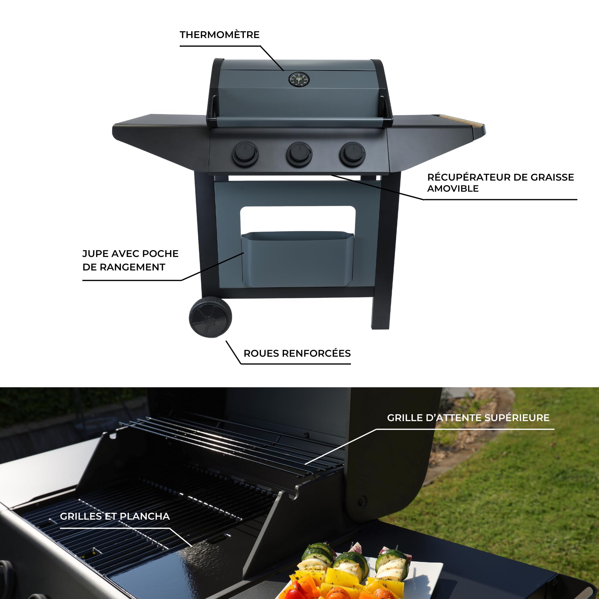 Cook’in Garden - Barbecue Gaz Burn, 3 Brûleurs, Fonction Grill et Plancha, Récupérateur de Graisse Amovible, Thermomètre Intégré, 10,5 kW, Idéal 10 Personnes