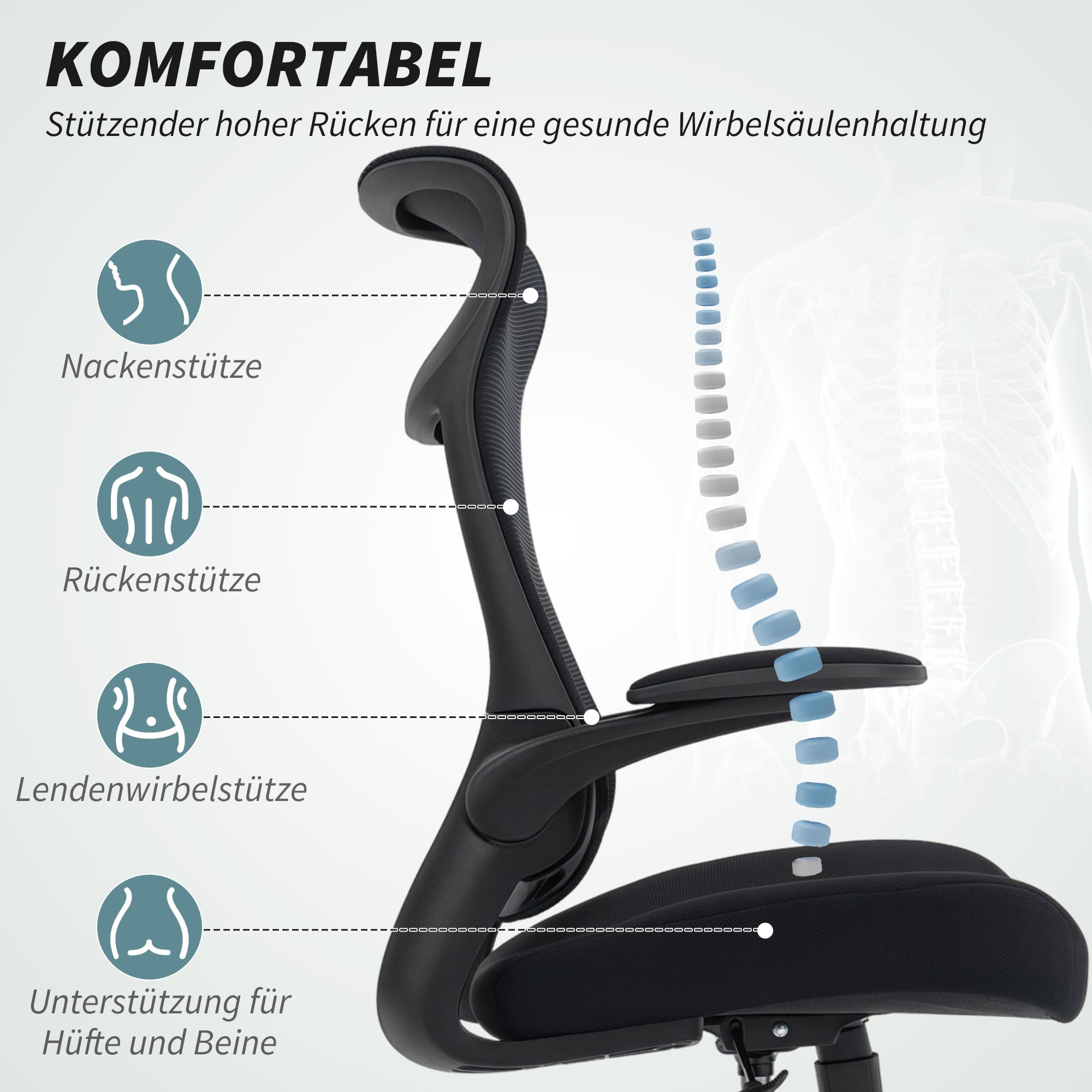 HOMCOM Bürostuhl, Ergonomischer Schreibtischstuhl, Kopfstütze, Schwarz | 3D Einstellbarer Armlehne, Höhenverstellbarer Computerstuhl Drehstuhl mit Wippfunktion, Netzbespannung