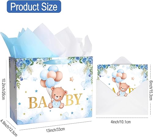 Miniatura 2 de Bolsas de regalo grandes para bebé de 13 pulgadas con papel de seda y tarjeta de felicitación (oso de balón y floral), bolsas de regalo de tamaño